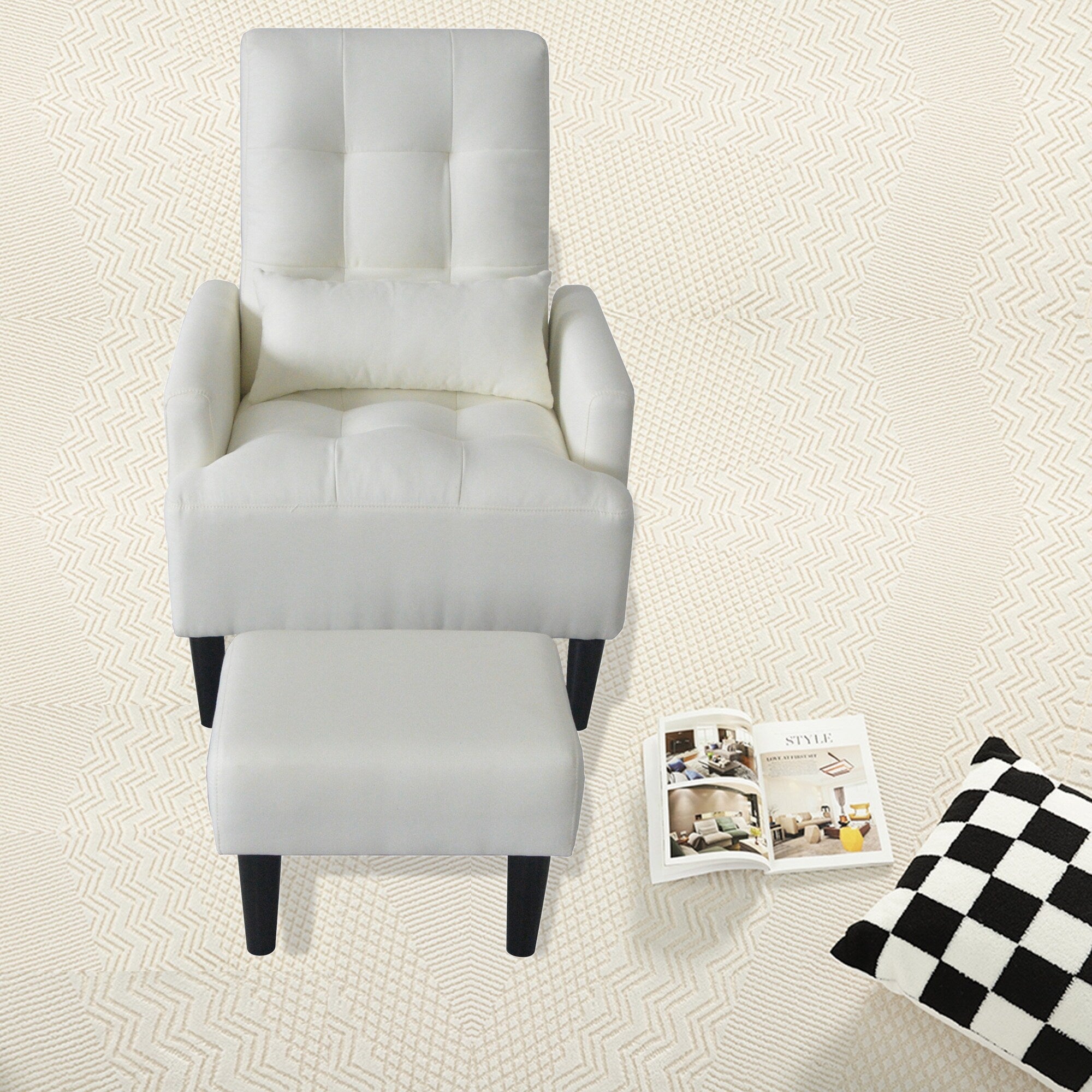 Fauteuil de salon multifonction rembourré à dossier haut, blanc crème, 26,77 po, avec pouf
