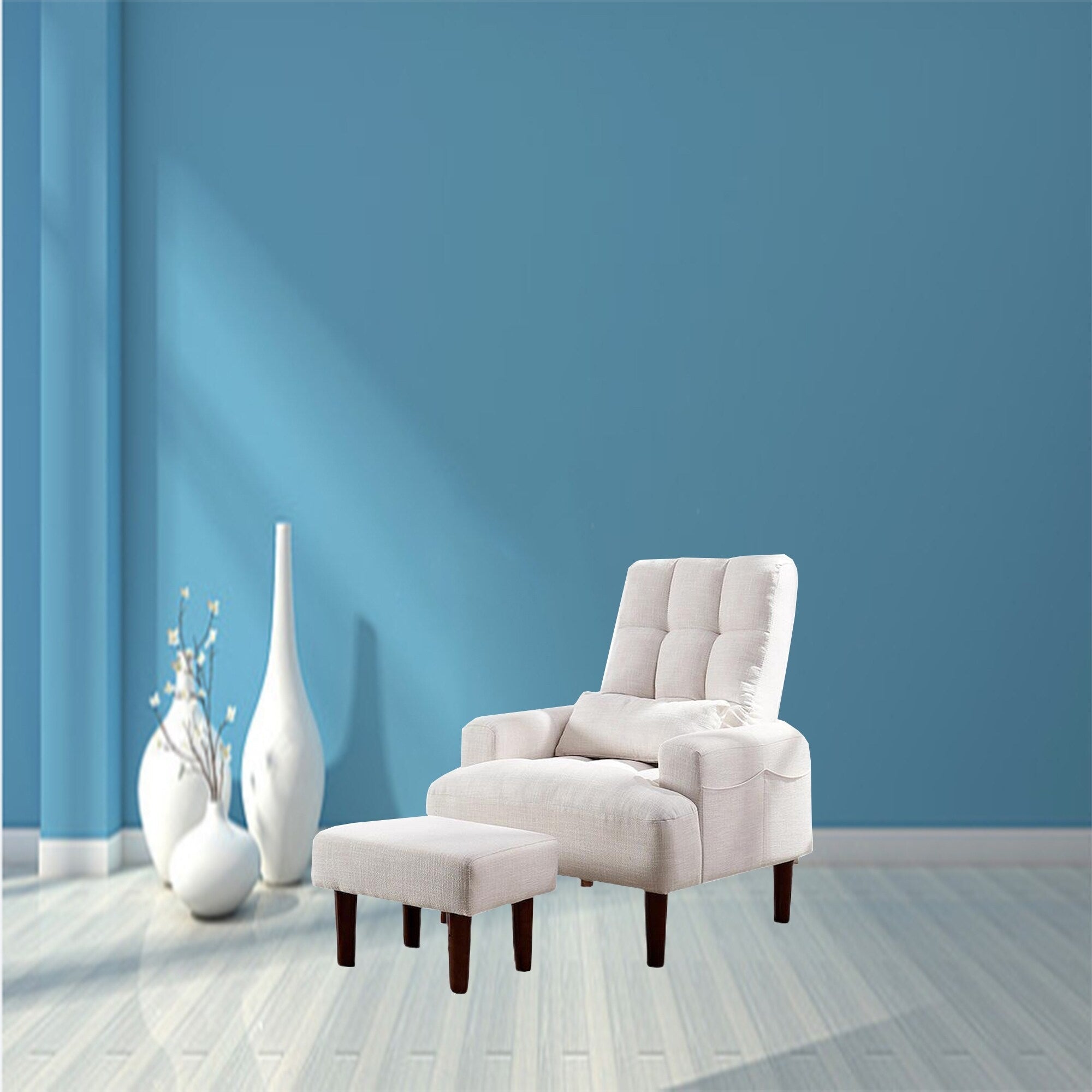 Fauteuil de salon multifonction rembourré à dossier haut, blanc crème, 26,77 po, avec pouf