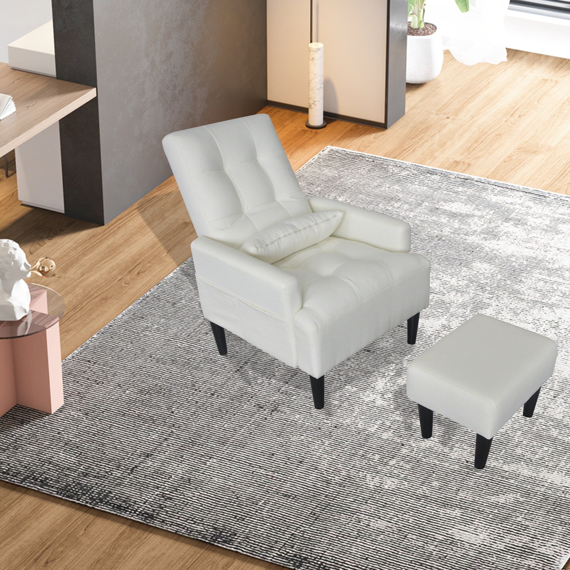 Fauteuil de salon multifonction rembourré à dossier haut, blanc crème, 26,77 po, avec pouf