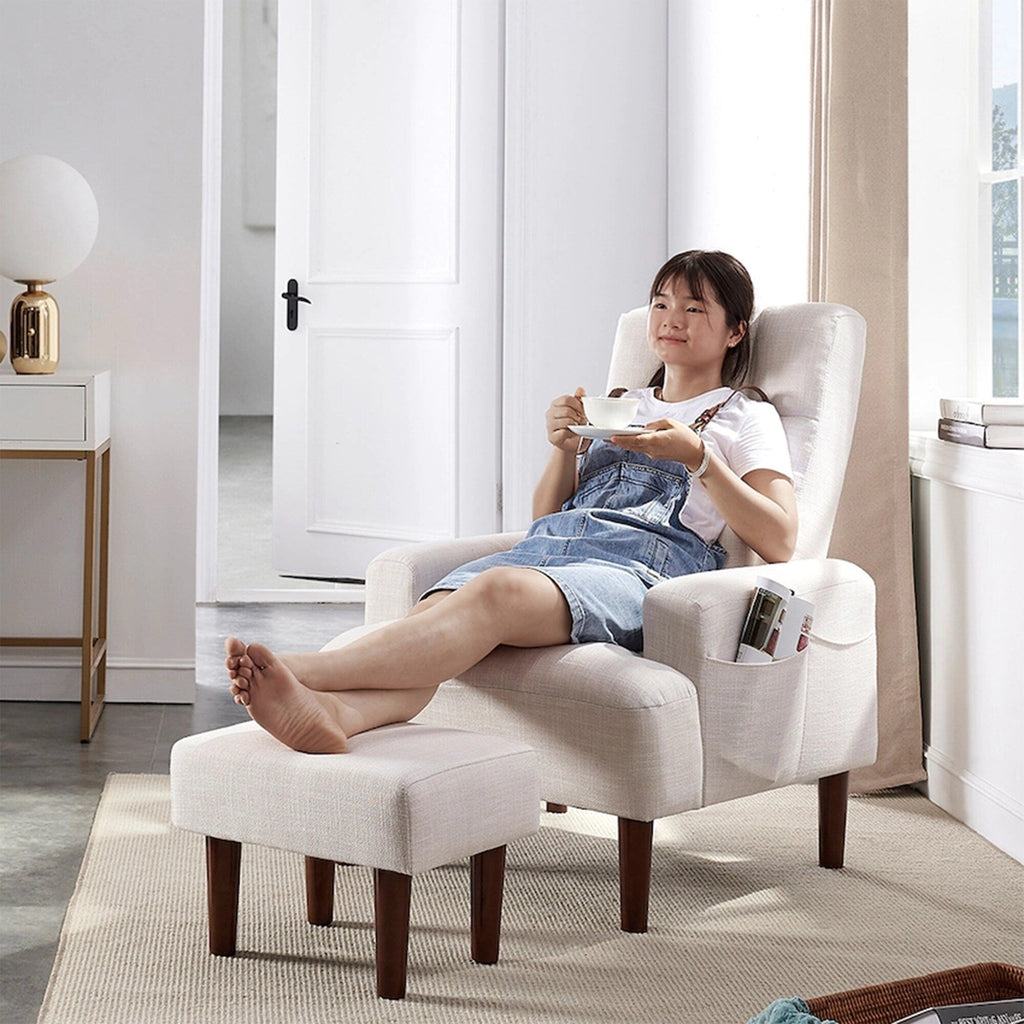 Fauteuil de salon multifonction rembourré à dossier haut, blanc crème, 26,77 po, avec pouf