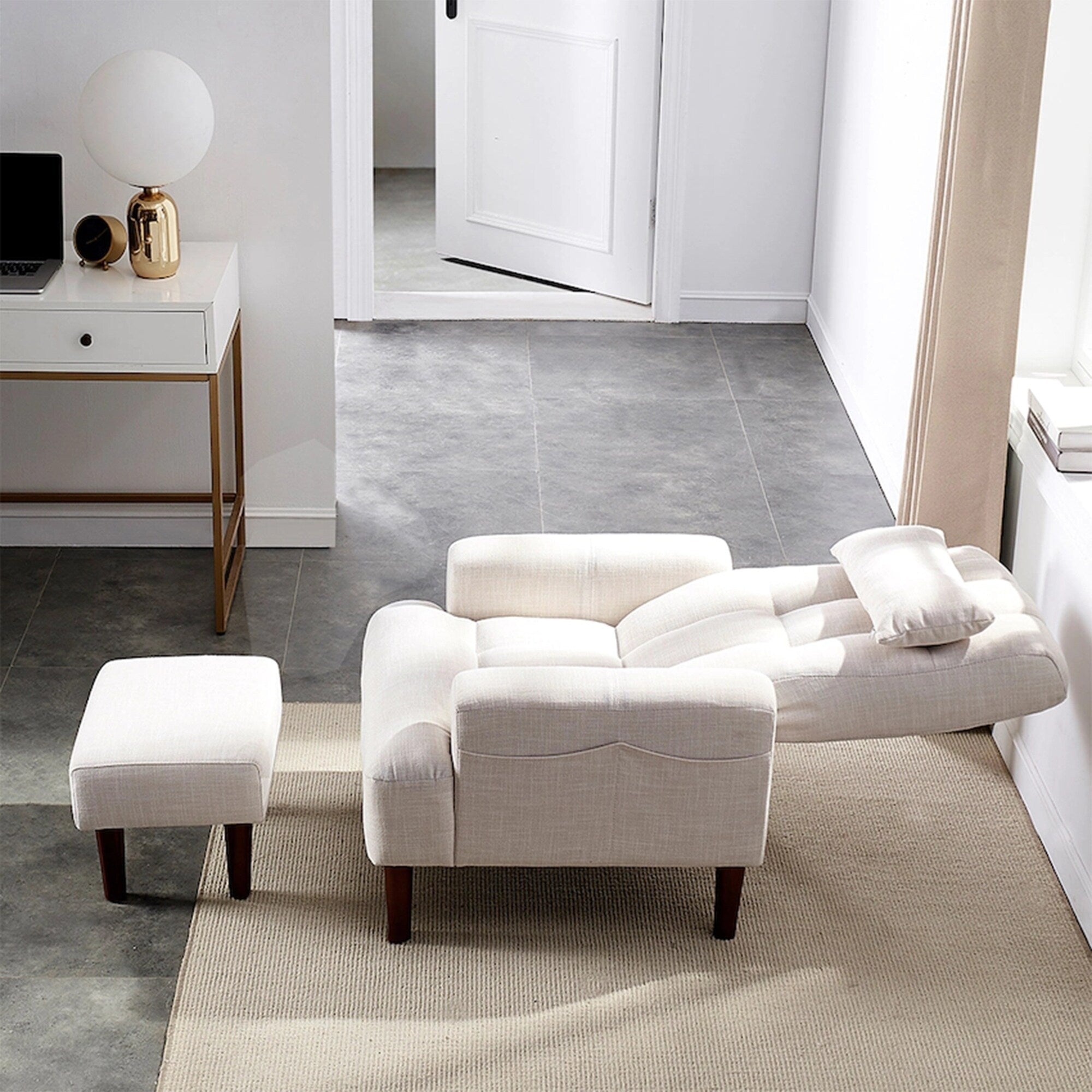 Fauteuil de salon multifonction rembourré à dossier haut, blanc crème, 26,77 po, avec pouf