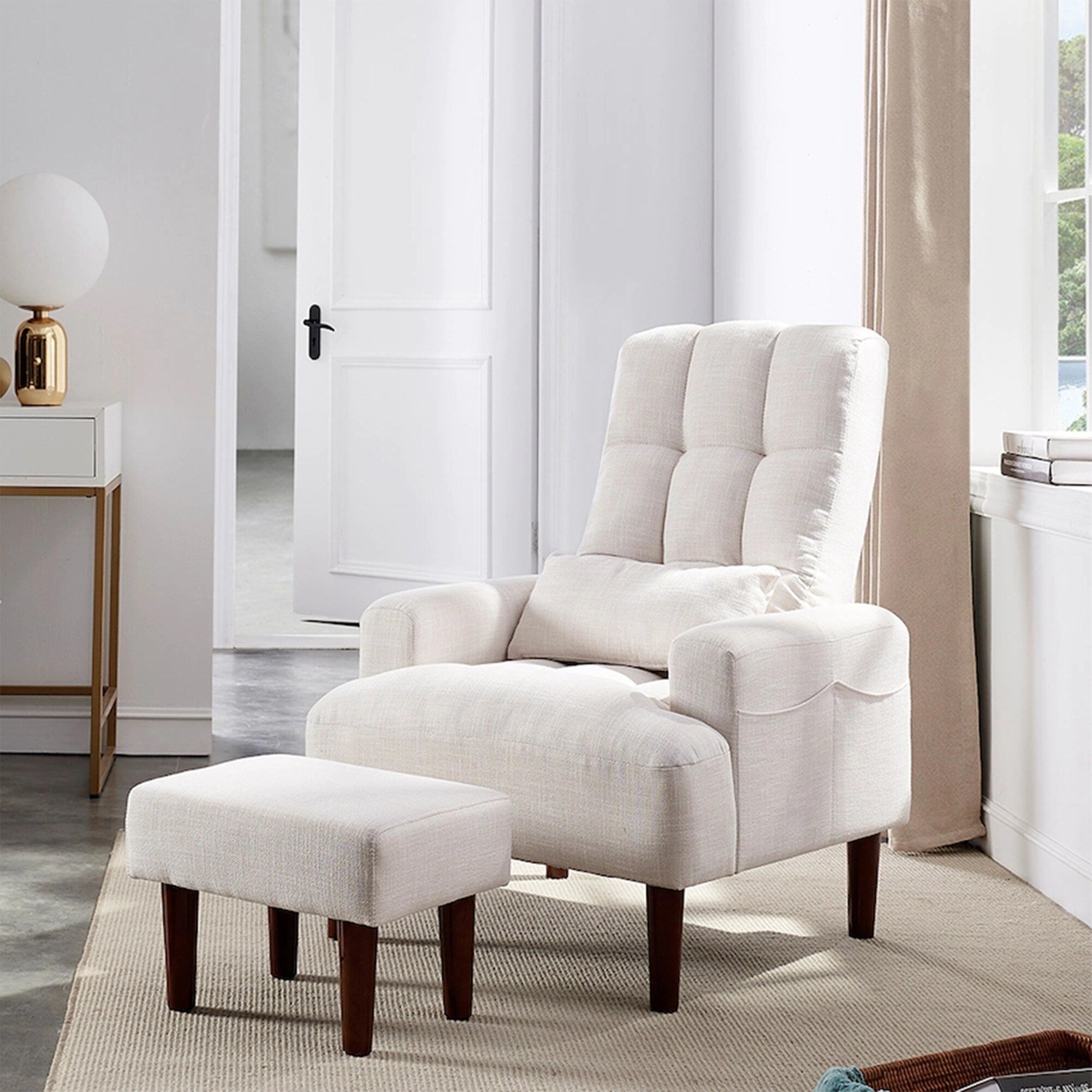 Fauteuil de salon multifonction rembourré à dossier haut, blanc crème, 26,77 po, avec pouf