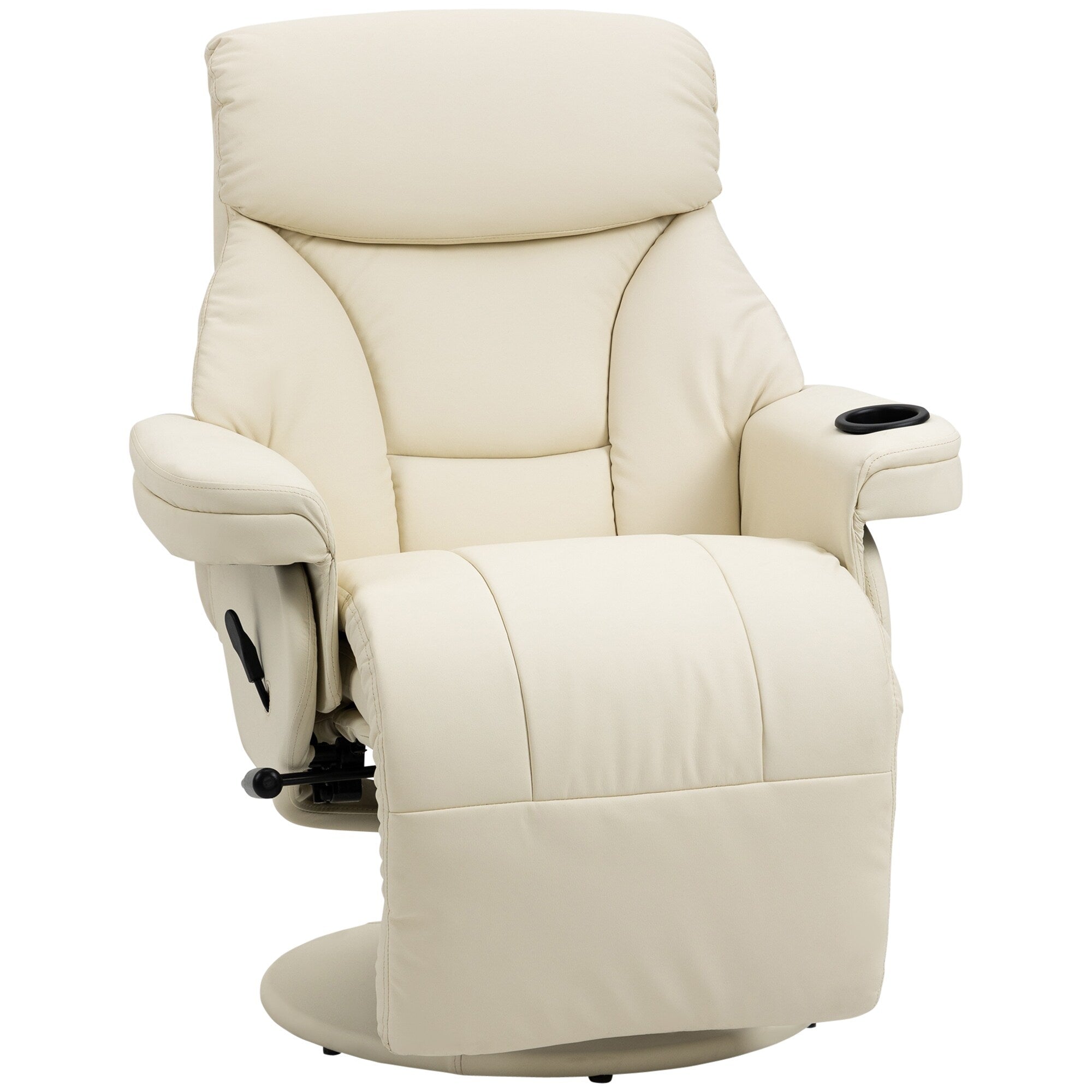 Fauteuil inclinable manuel en cuir PU blanc crème avec repose-pieds, poche latérale, porte-gobelet, inclinaison à 135°, pivot à 360°