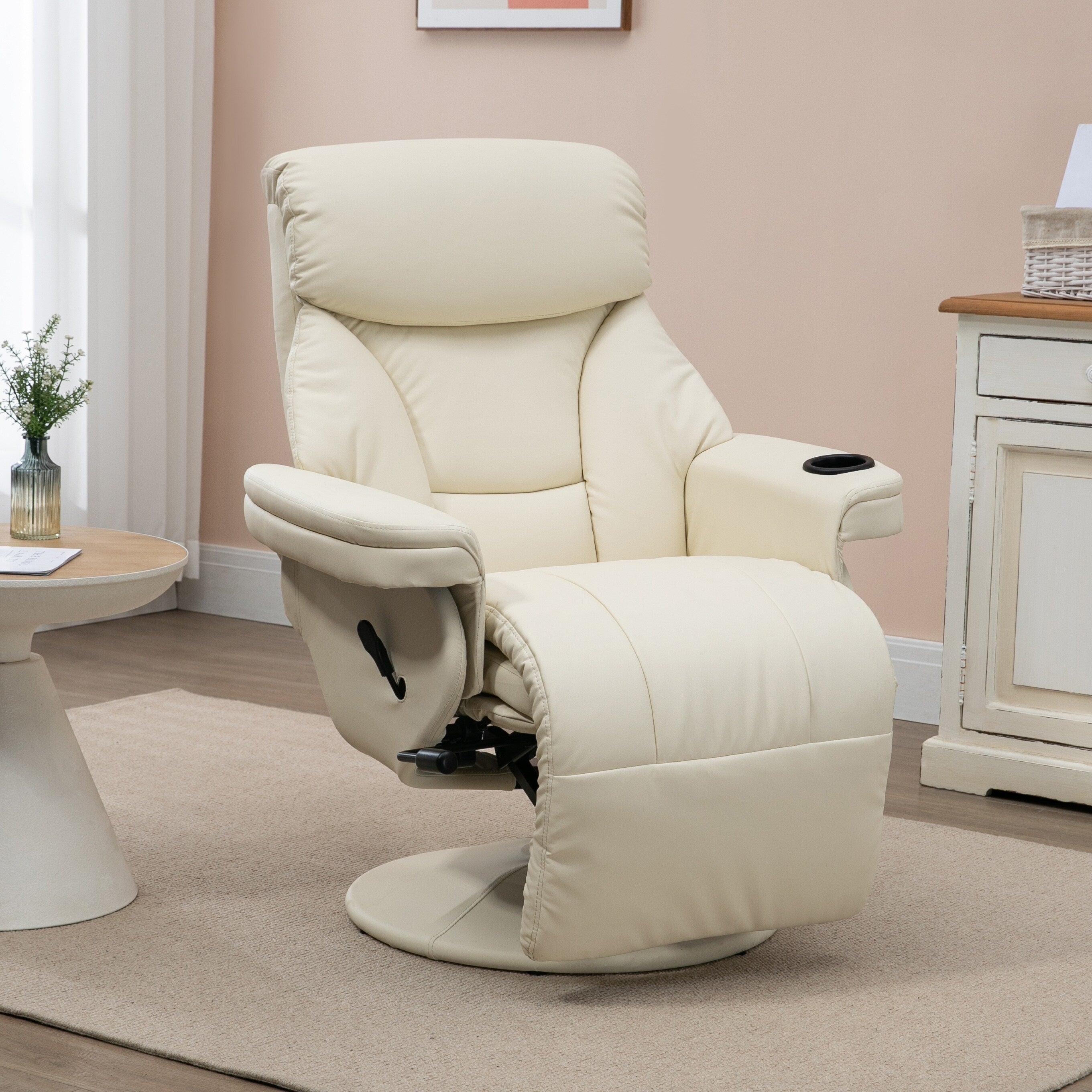 Fauteuil inclinable manuel en cuir PU blanc crème avec repose-pieds, poche latérale, porte-gobelet, inclinaison à 135°, pivot à 360°