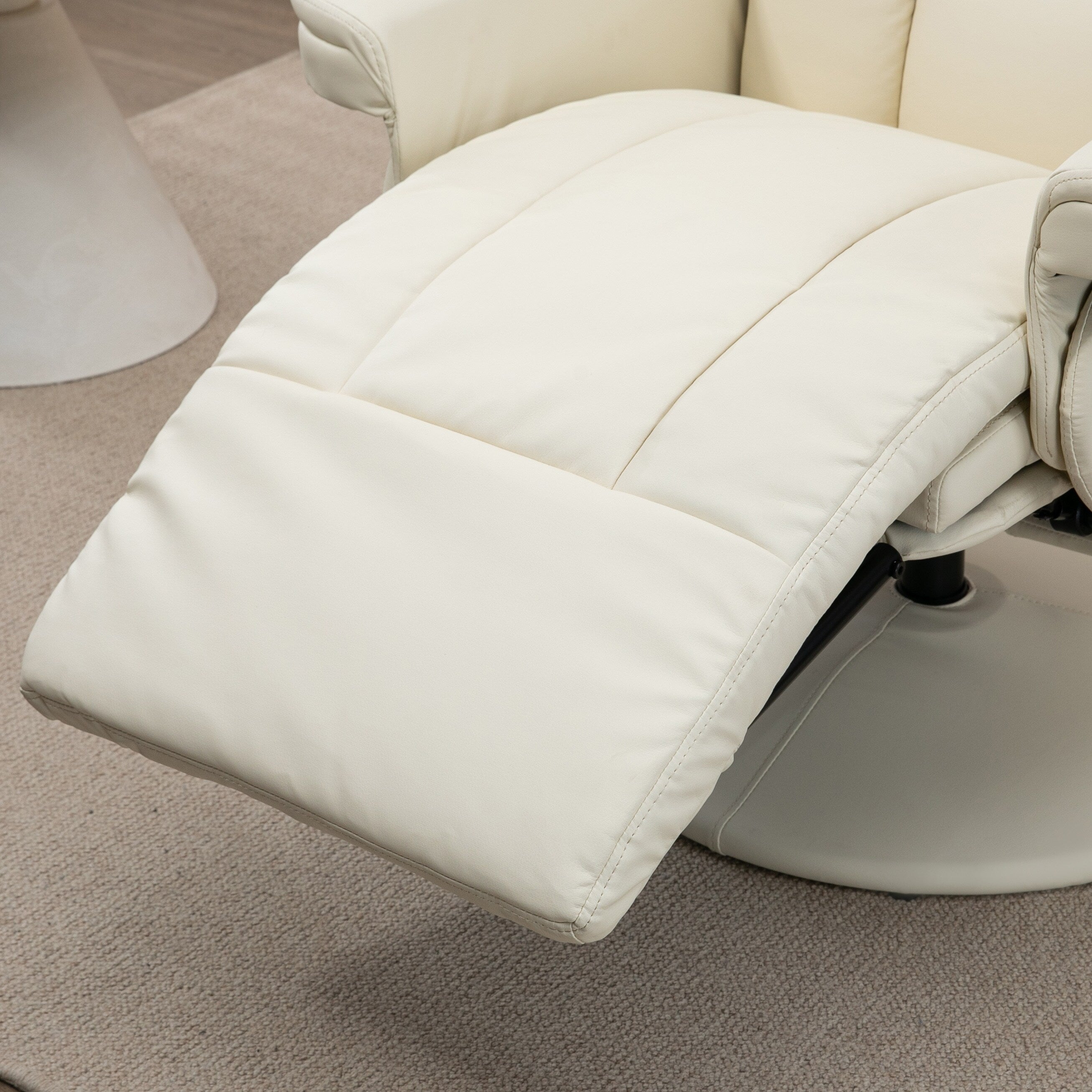 Fauteuil inclinable manuel en cuir PU blanc crème avec repose-pieds, poche latérale, porte-gobelet, inclinaison à 135°, pivot à 360°