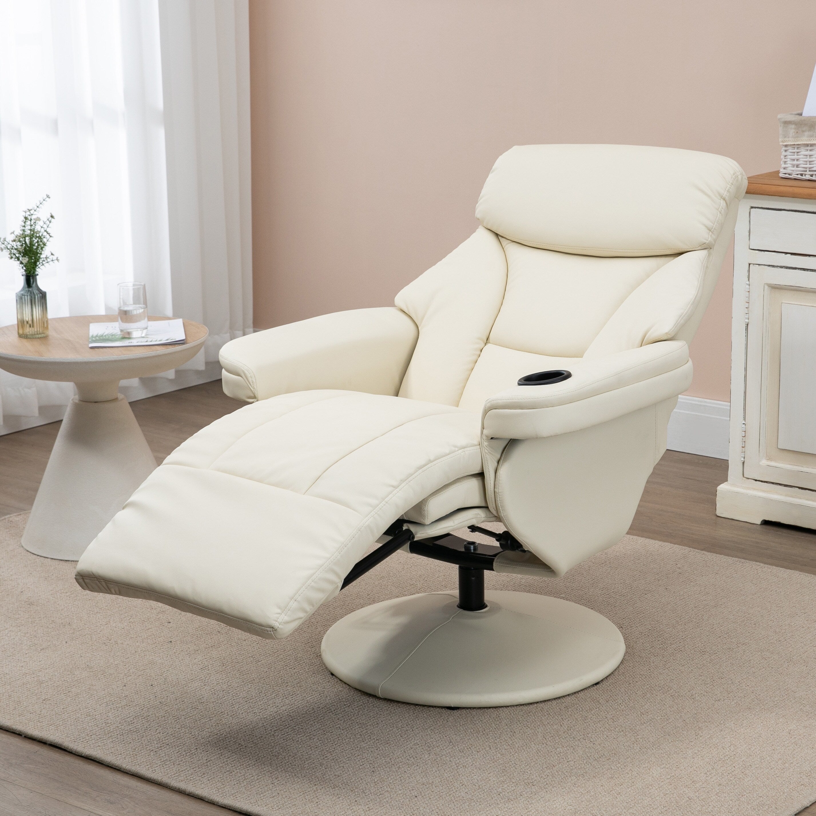 Fauteuil inclinable manuel en cuir PU blanc crème avec repose-pieds, poche latérale, porte-gobelet, inclinaison à 135°, pivot à 360°
