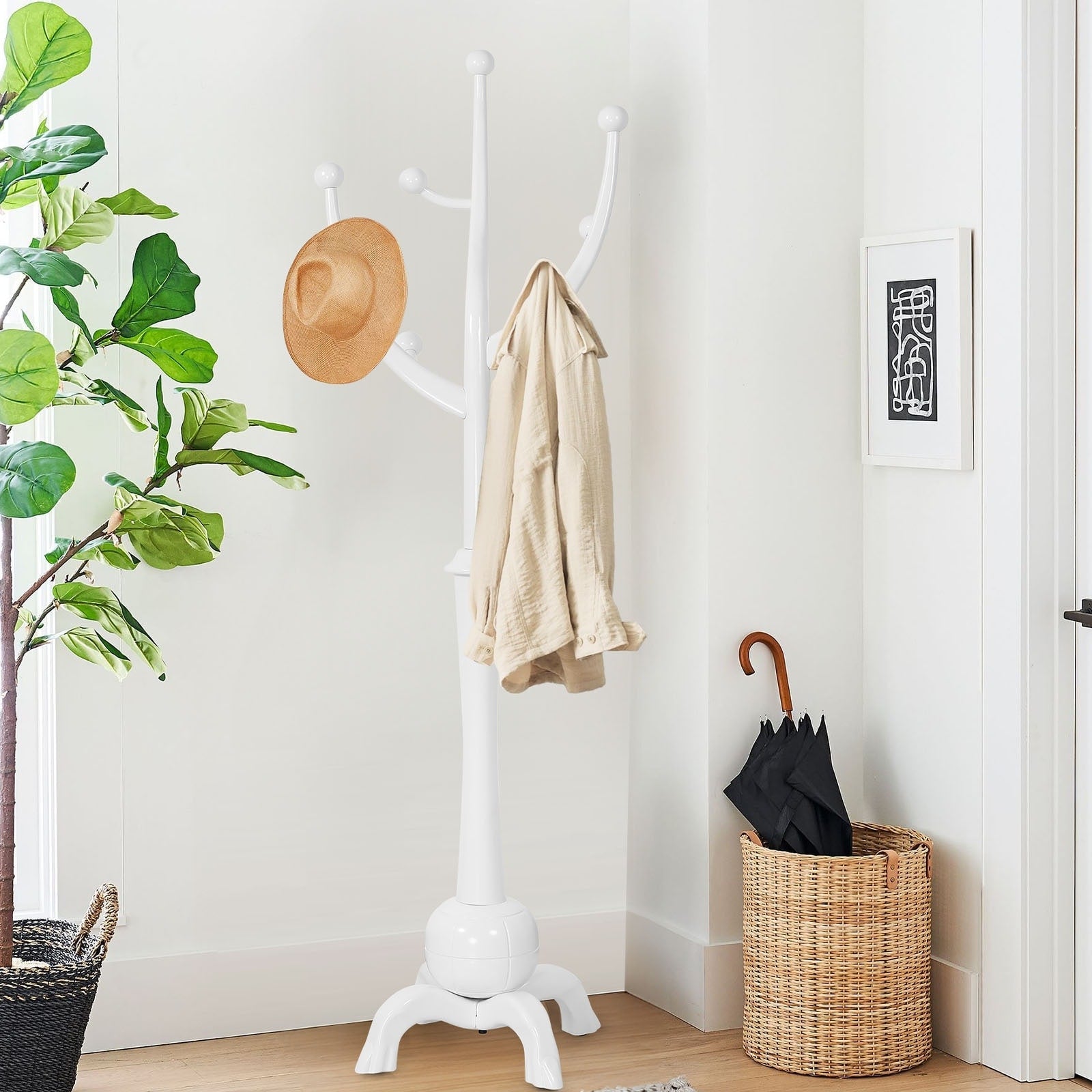 Tree-branch Rubberwood Freestanding Coat Rack with 8 Hooks - 24.5W x 70.87H