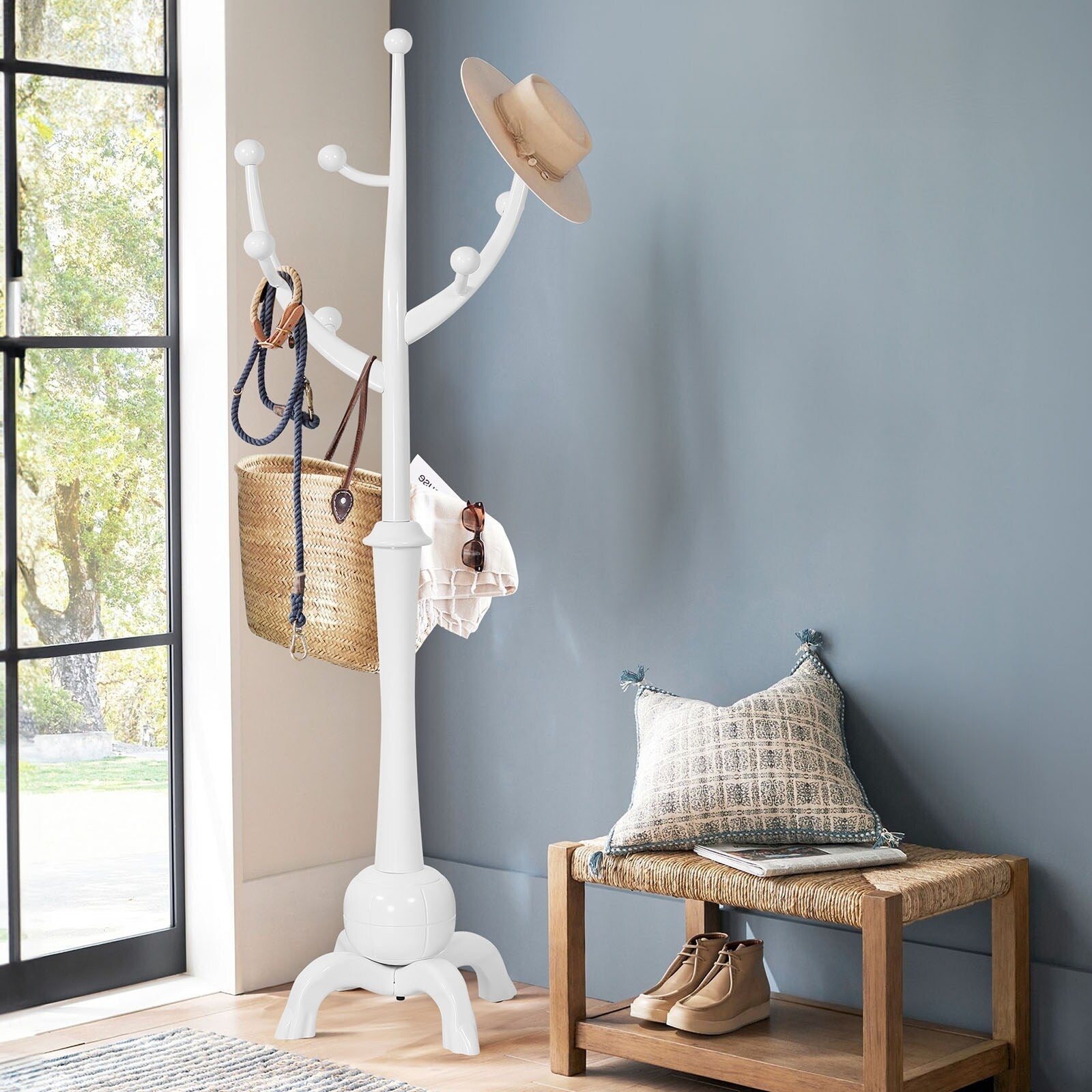 Tree-branch Rubberwood Freestanding Coat Rack with 8 Hooks - 24.5W x 70.87H