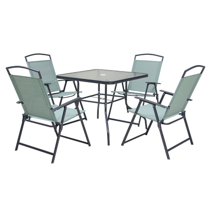 Ensemble de salle à manger d'extérieur 5 pièces avec chaises pliantes et table en verre avec trou pour parasol - Voir les spécifications