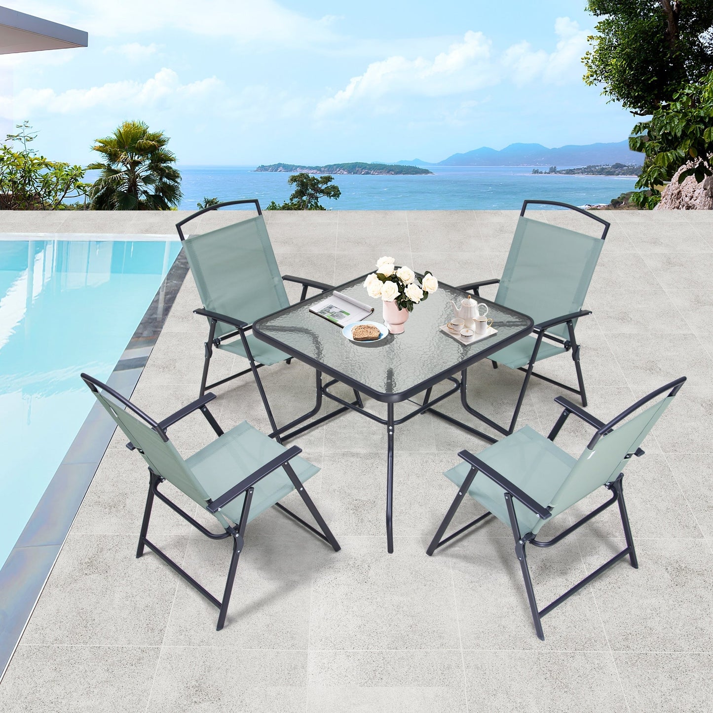 Ensemble de salle à manger d'extérieur 5 pièces avec chaises pliantes et table en verre avec trou pour parasol - Voir les spécifications