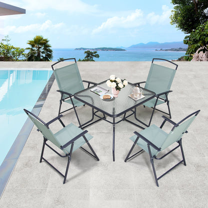 Ensemble de salle à manger d'extérieur 5 pièces avec chaises pliantes et table en verre avec trou pour parasol - Voir les spécifications