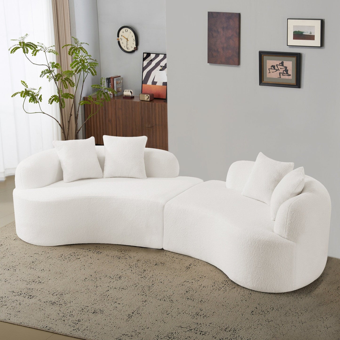 Canapé quatre places incurvé en éponge blanche à compression intégrale, canapé compact sans assemblage pour petits espaces et appartements