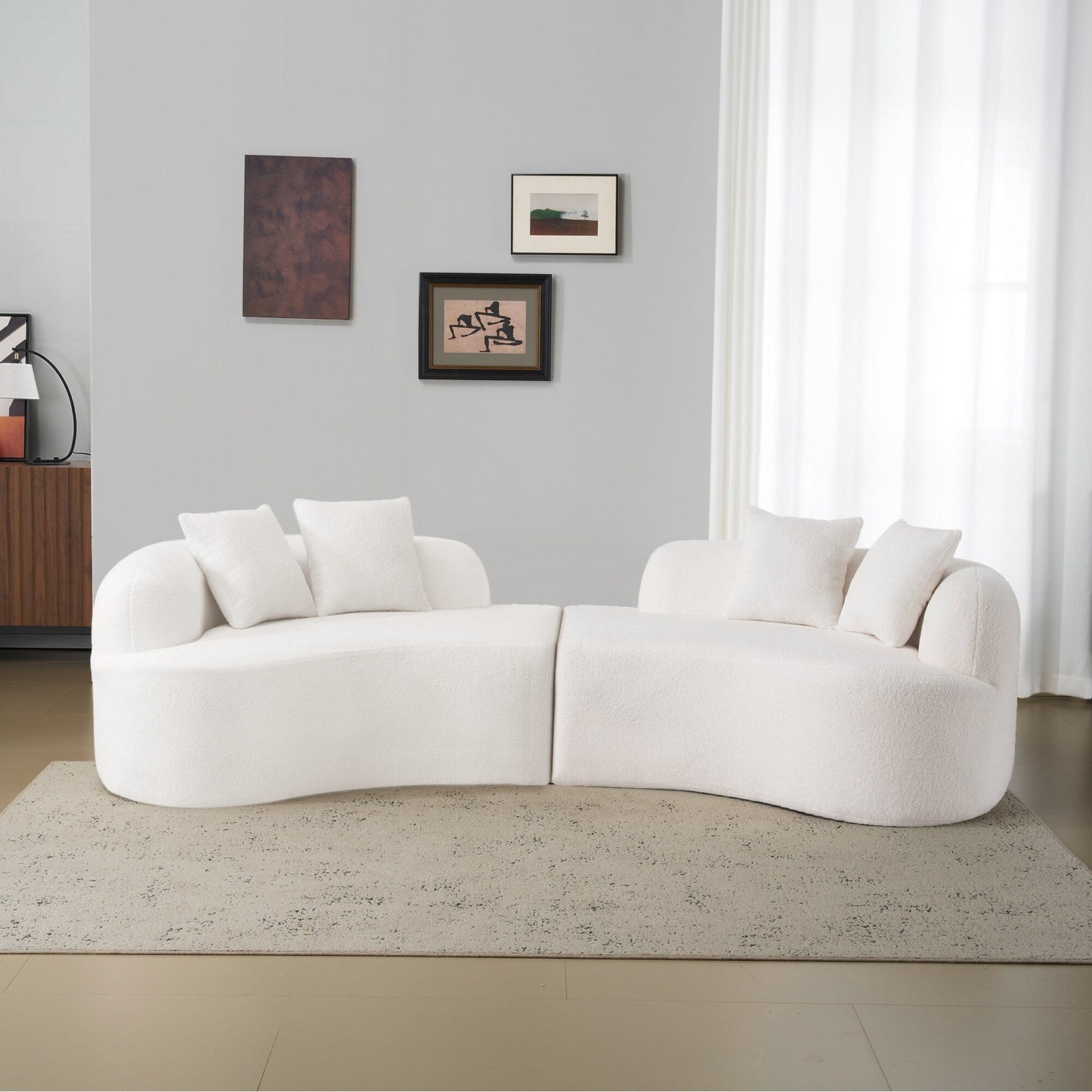 Canapé quatre places incurvé en éponge blanche à compression intégrale, canapé compact sans assemblage pour petits espaces et appartements