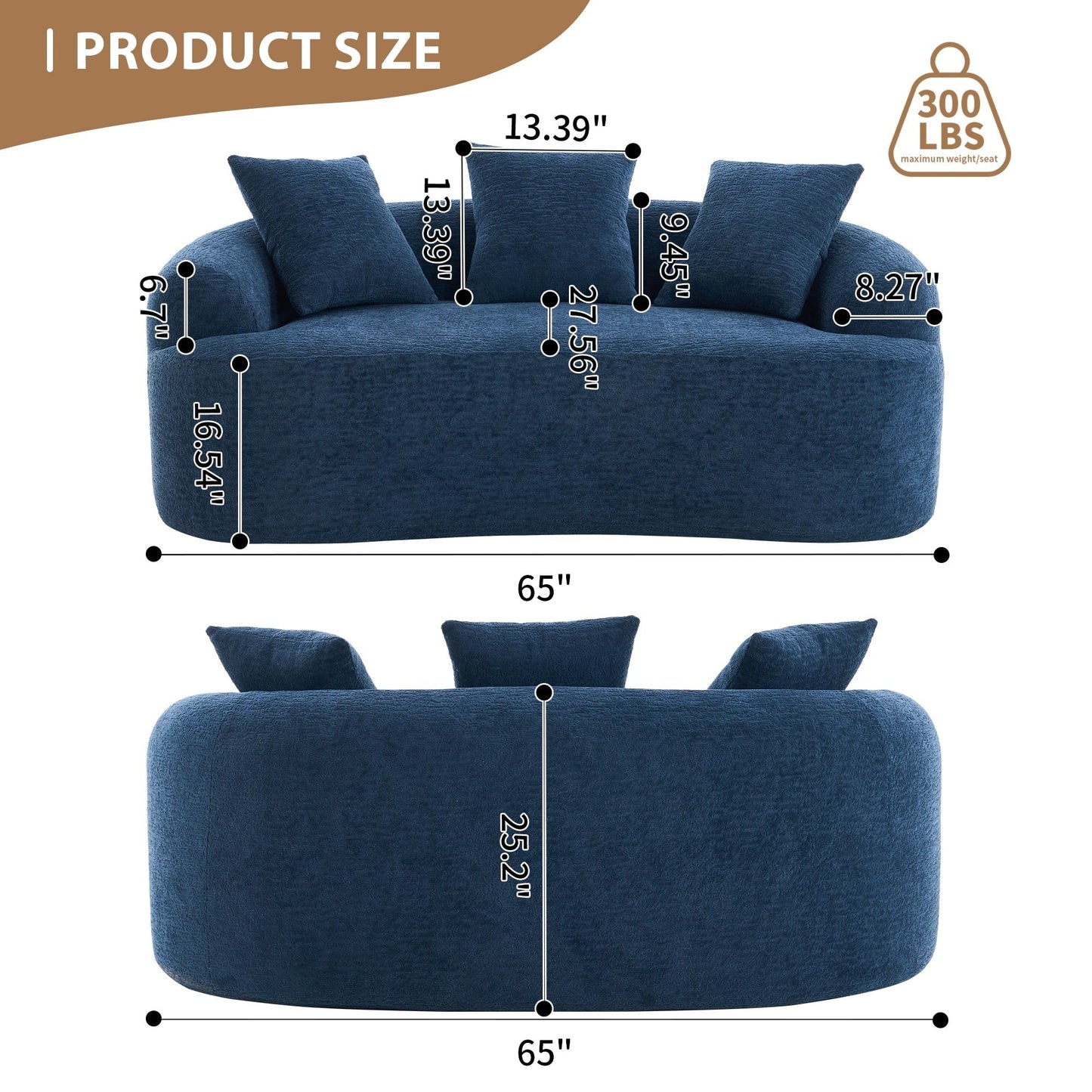 Canapé causeuse incurvé en éponge de compression 30D, tissu chenille, sans assemblage