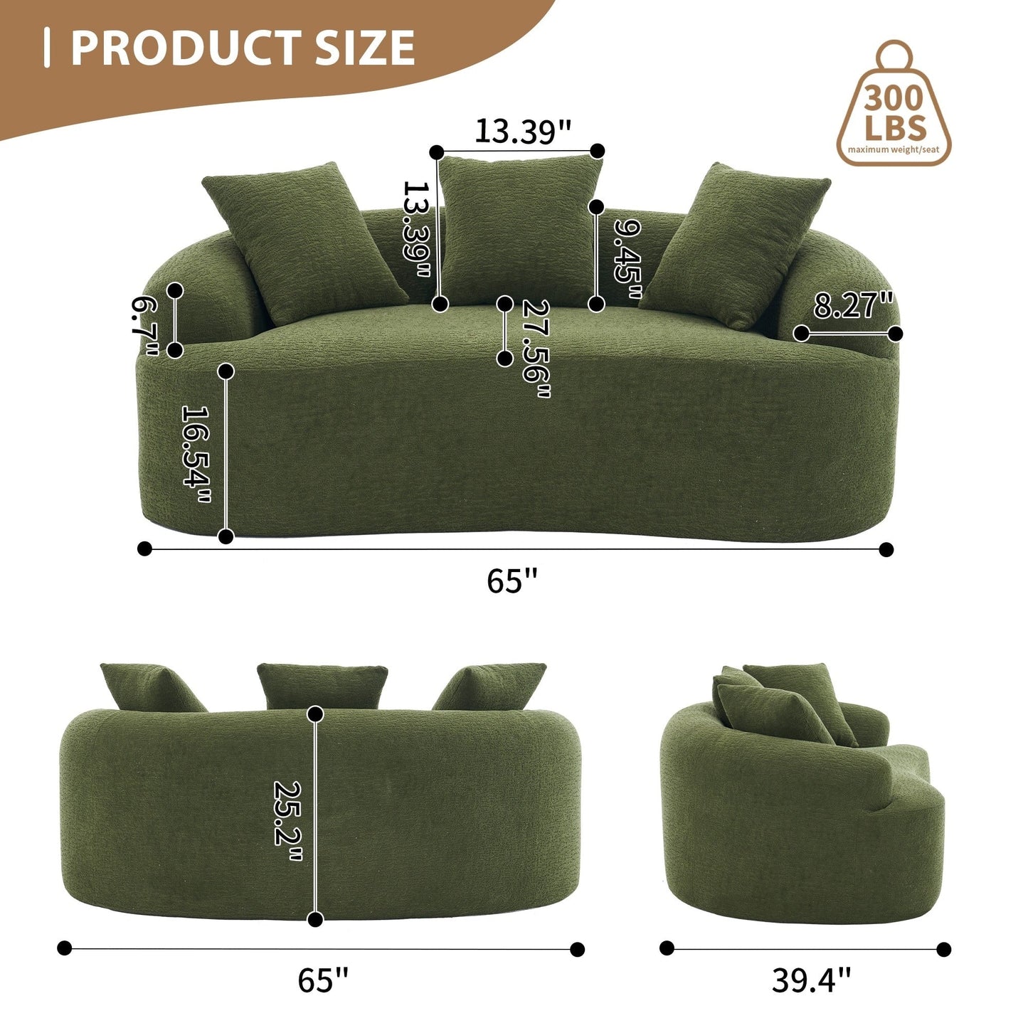 Canapé causeuse incurvé en éponge de compression 30D, tissu chenille, sans assemblage