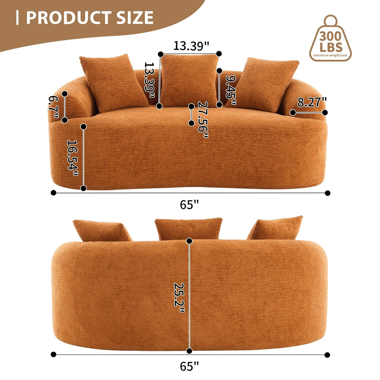 Canapé causeuse incurvé en éponge de compression 30D, tissu chenille, sans assemblage