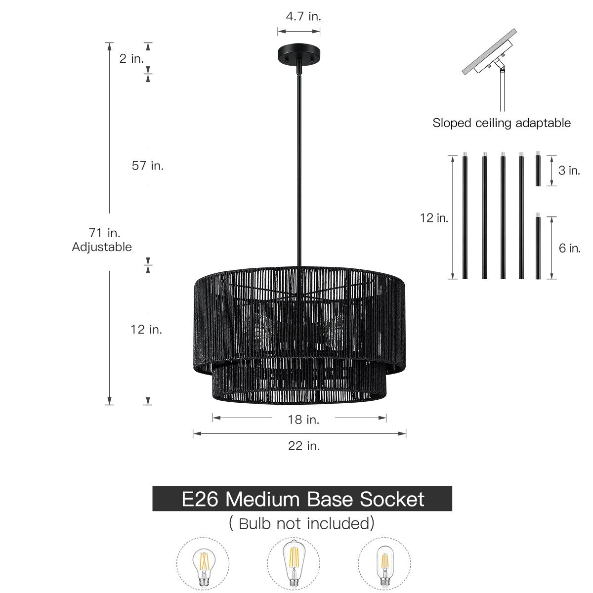 Lustre tambour en rotin noir Cynthia à 4 lumières - 22 po de largeur