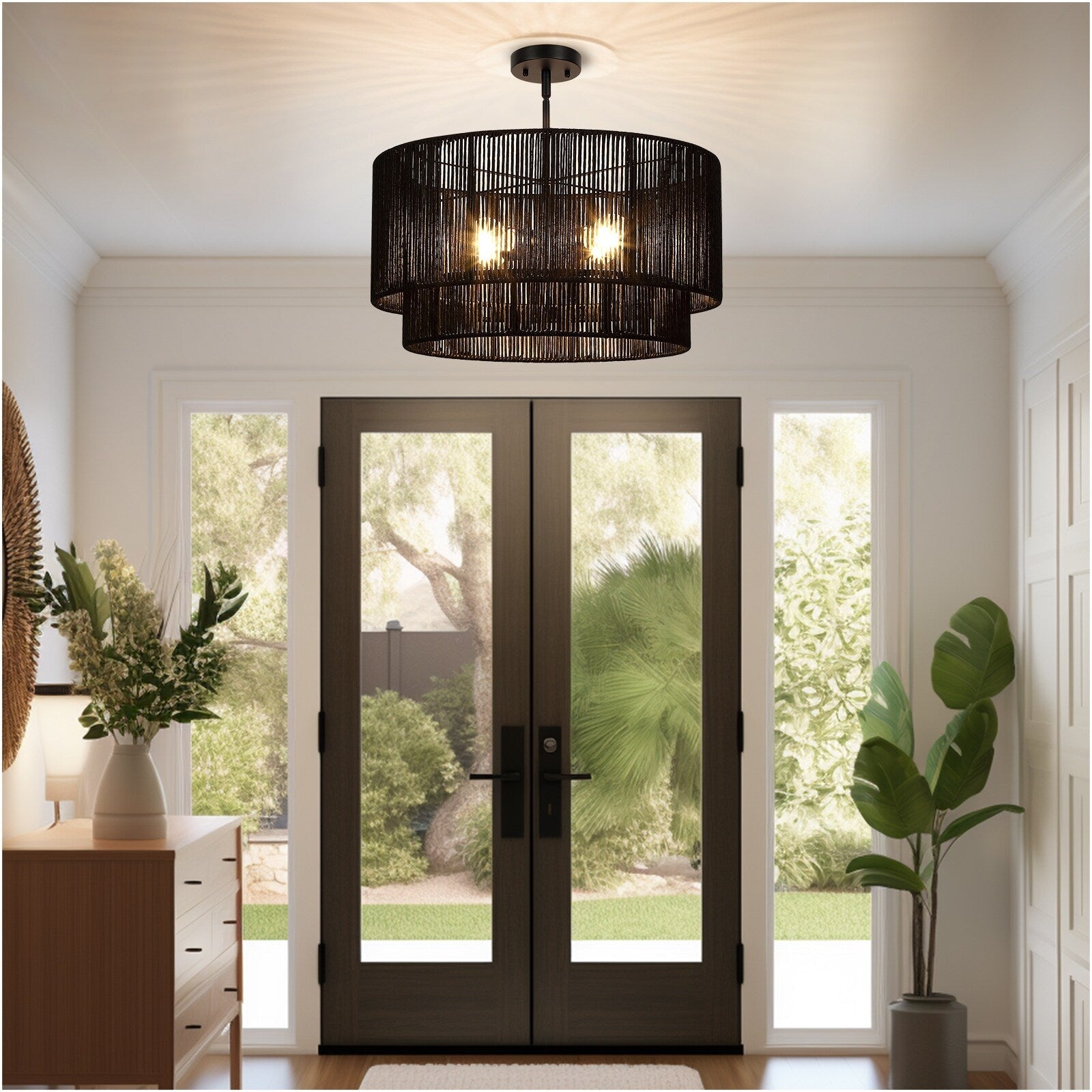 Lustre tambour en rotin noir Cynthia à 4 lumières - 22 po de largeur