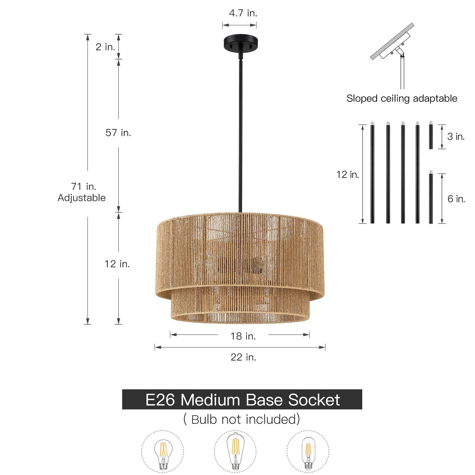 Lustre tambour en rotin naturel Cynthia à 4 lumières - 22 po de largeur