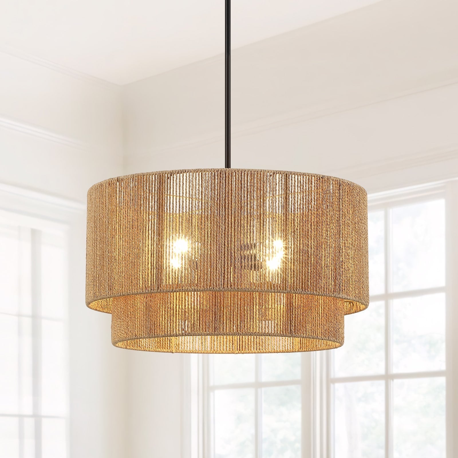 Lustre tambour en rotin naturel Cynthia à 4 lumières - 22 po de largeur