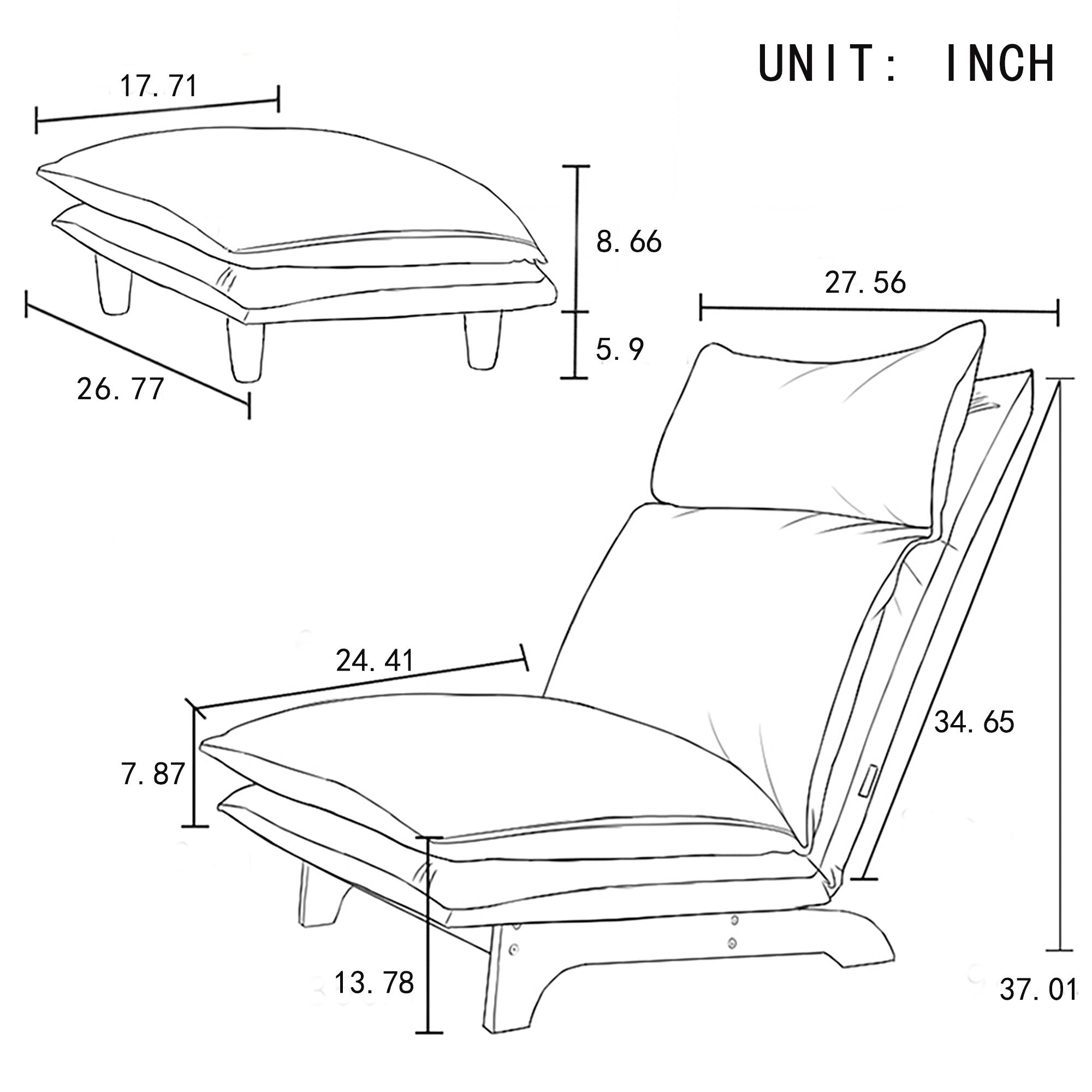 Fauteuil inclinable manuel sans accoudoirs rembourré bleu foncé avec pouf, appui-tête et dossier réglables, position à plat à 180°