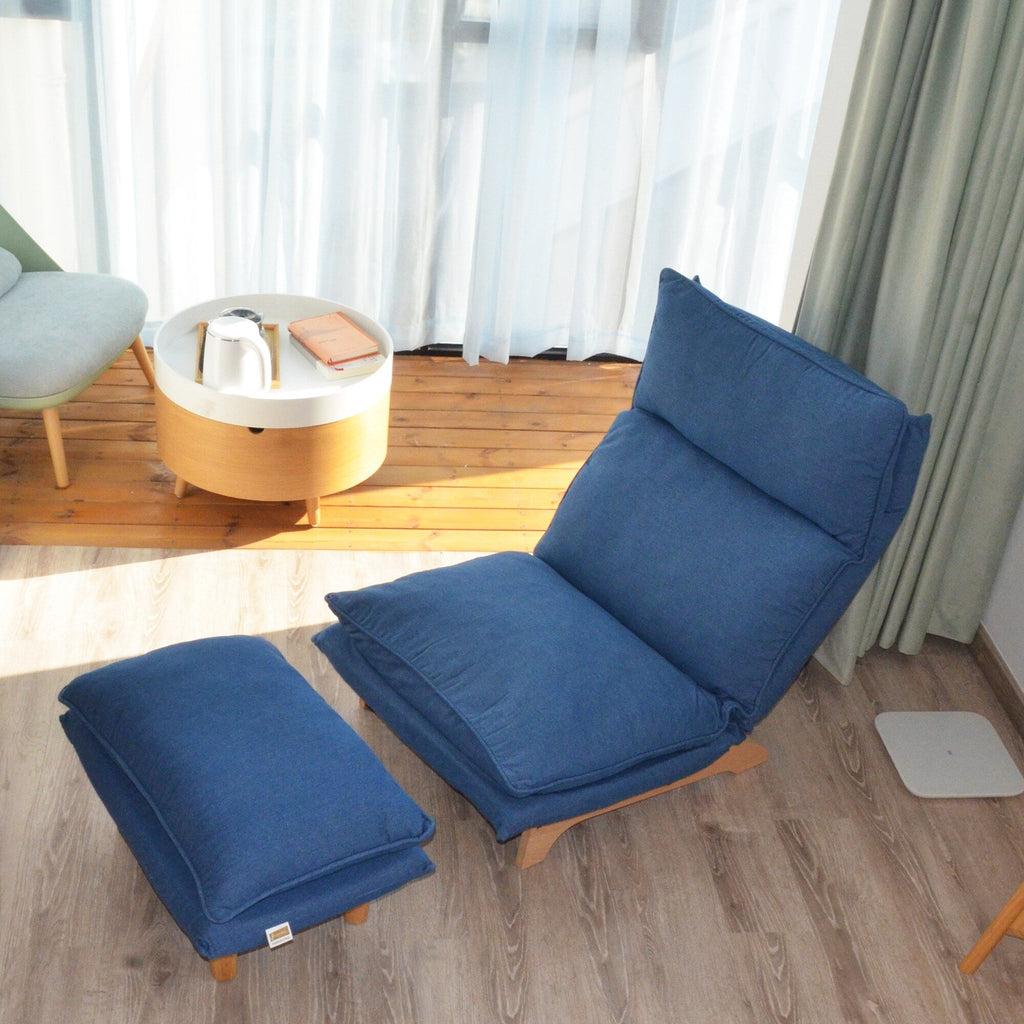 Fauteuil inclinable manuel sans accoudoirs rembourré bleu foncé avec pouf, appui-tête et dossier réglables, position à plat à 180°