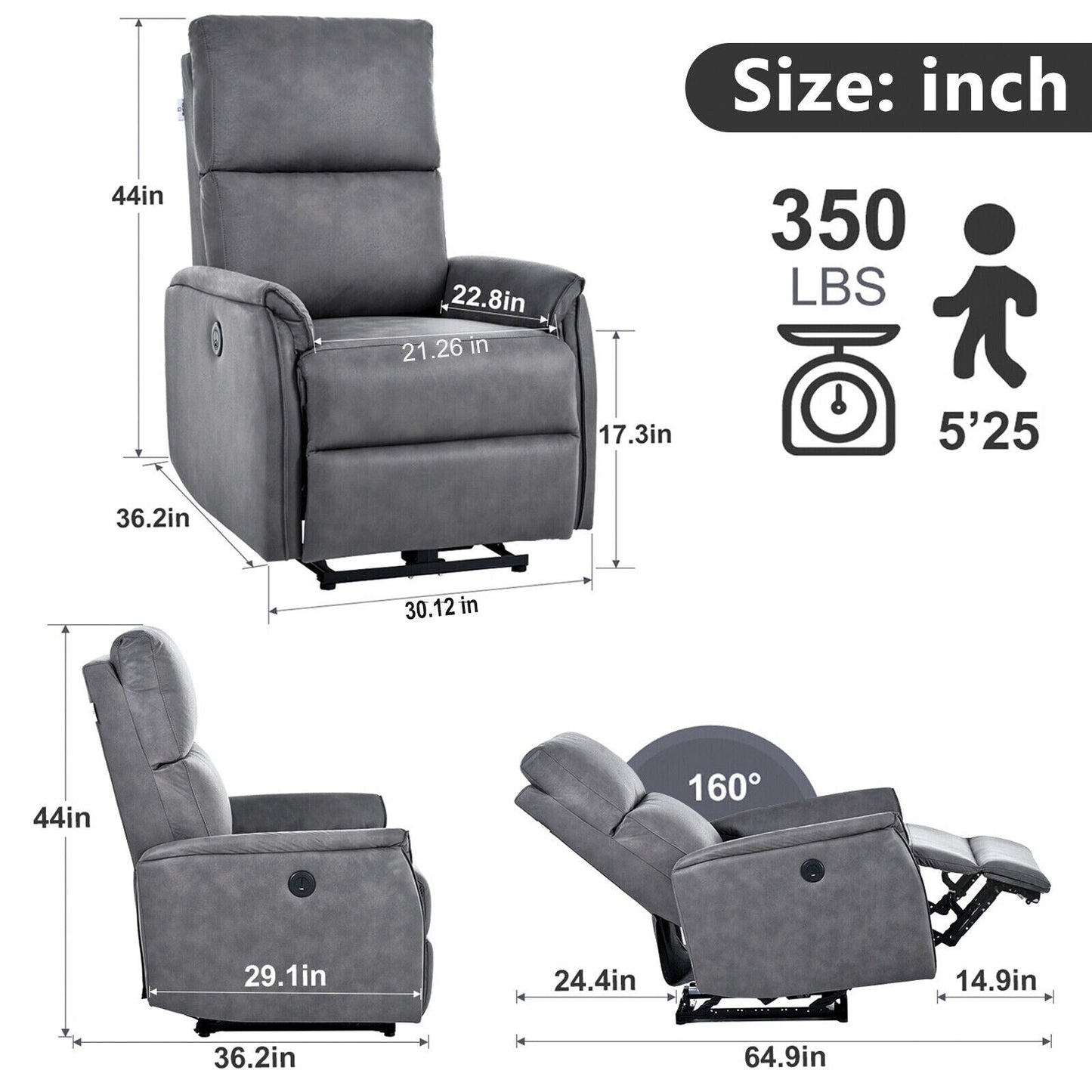 Fauteuil inclinable électrique en similicuir gris foncé avec ports USB et coussin épais pour le salon