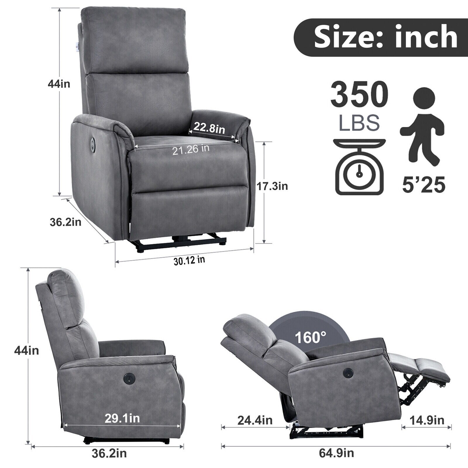 Fauteuil inclinable électrique en similicuir gris foncé avec ports USB et coussin épais pour le salon