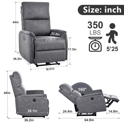 Fauteuil inclinable électrique en similicuir gris foncé avec ports USB et coussin épais pour le salon