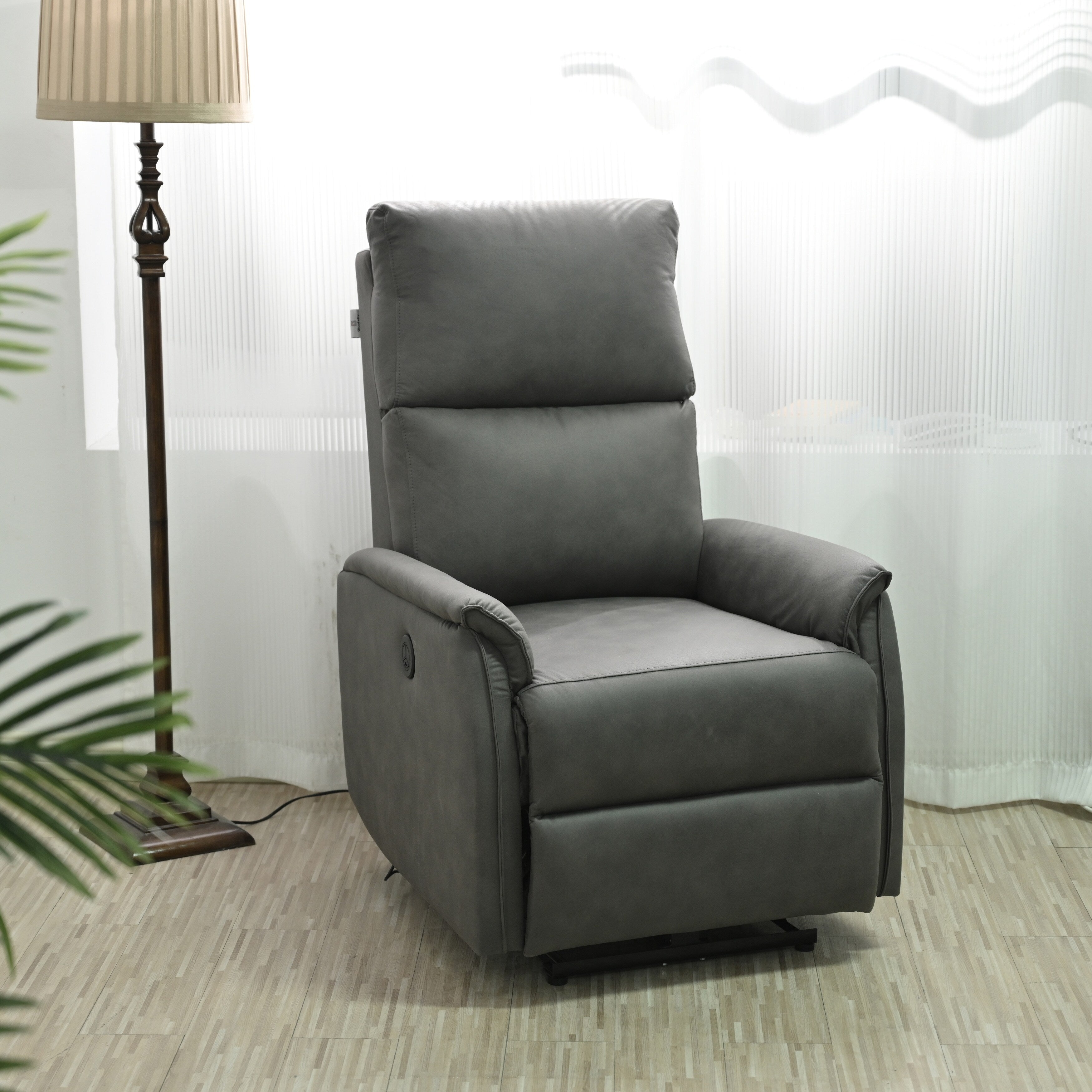 Fauteuil inclinable électrique en similicuir gris foncé avec ports USB et coussin épais pour le salon