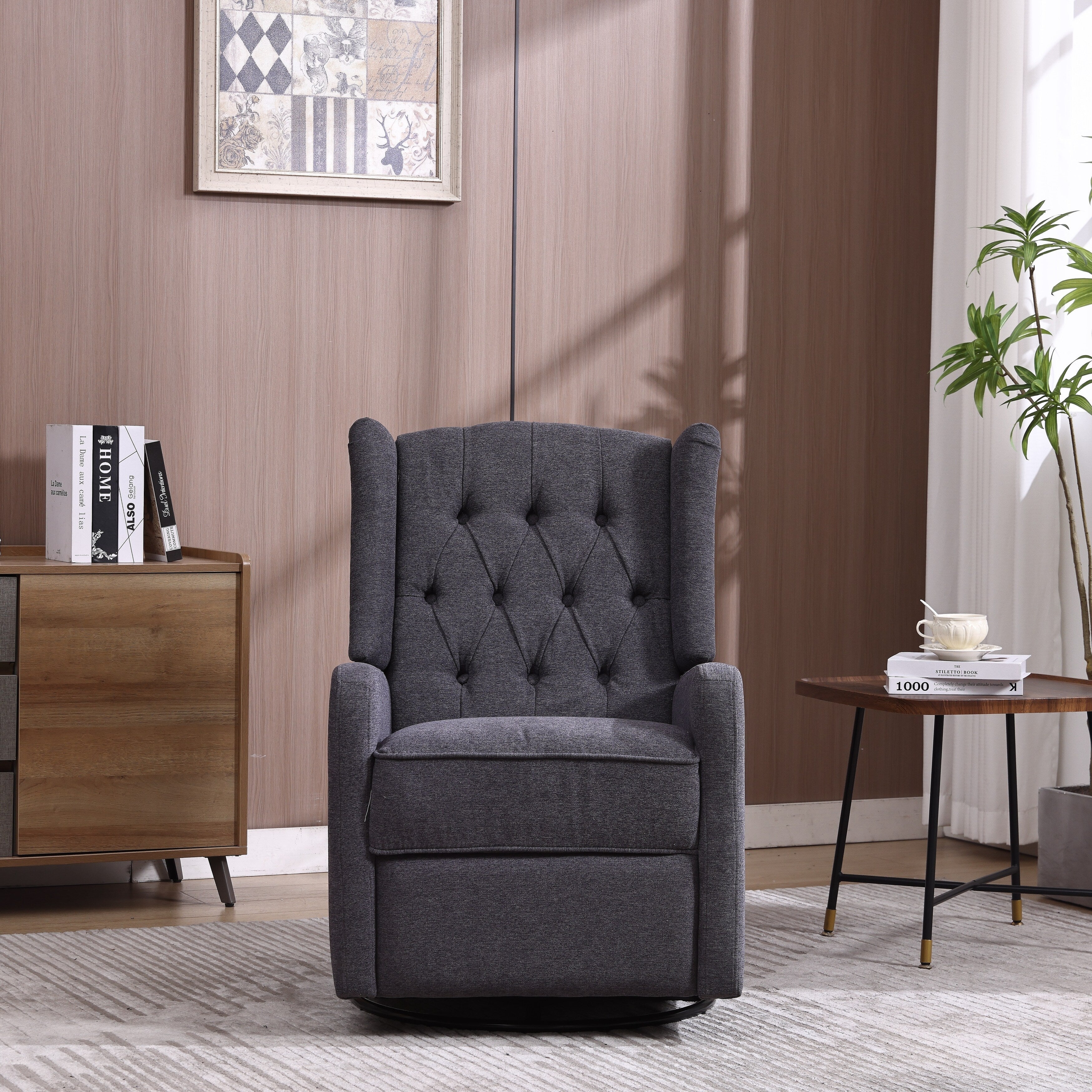 Fauteuil inclinable manuel pivotant à 360° en lin gris foncé avec dossier capitonné et repose-pieds pour salon et chambre
