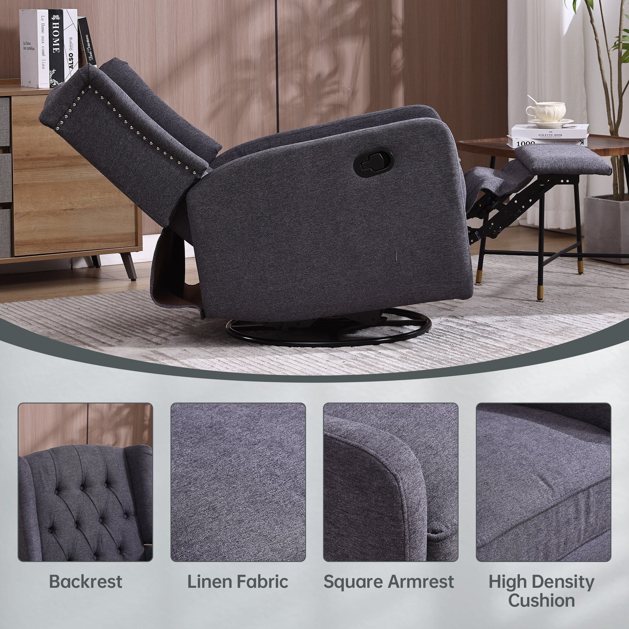 Fauteuil inclinable manuel pivotant à 360° en lin gris foncé avec dossier capitonné et repose-pieds pour salon et chambre