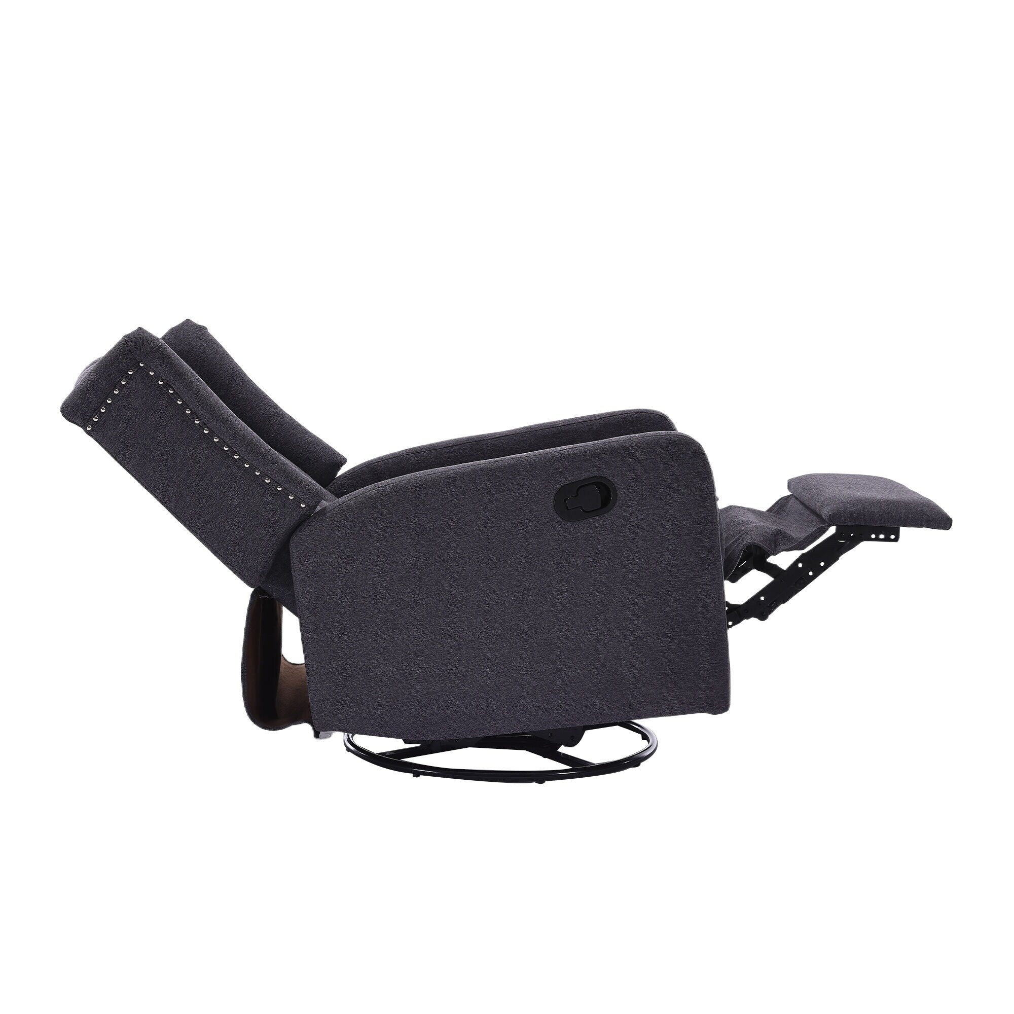 Fauteuil inclinable manuel pivotant à 360° en lin gris foncé avec dossier capitonné et repose-pieds pour salon et chambre