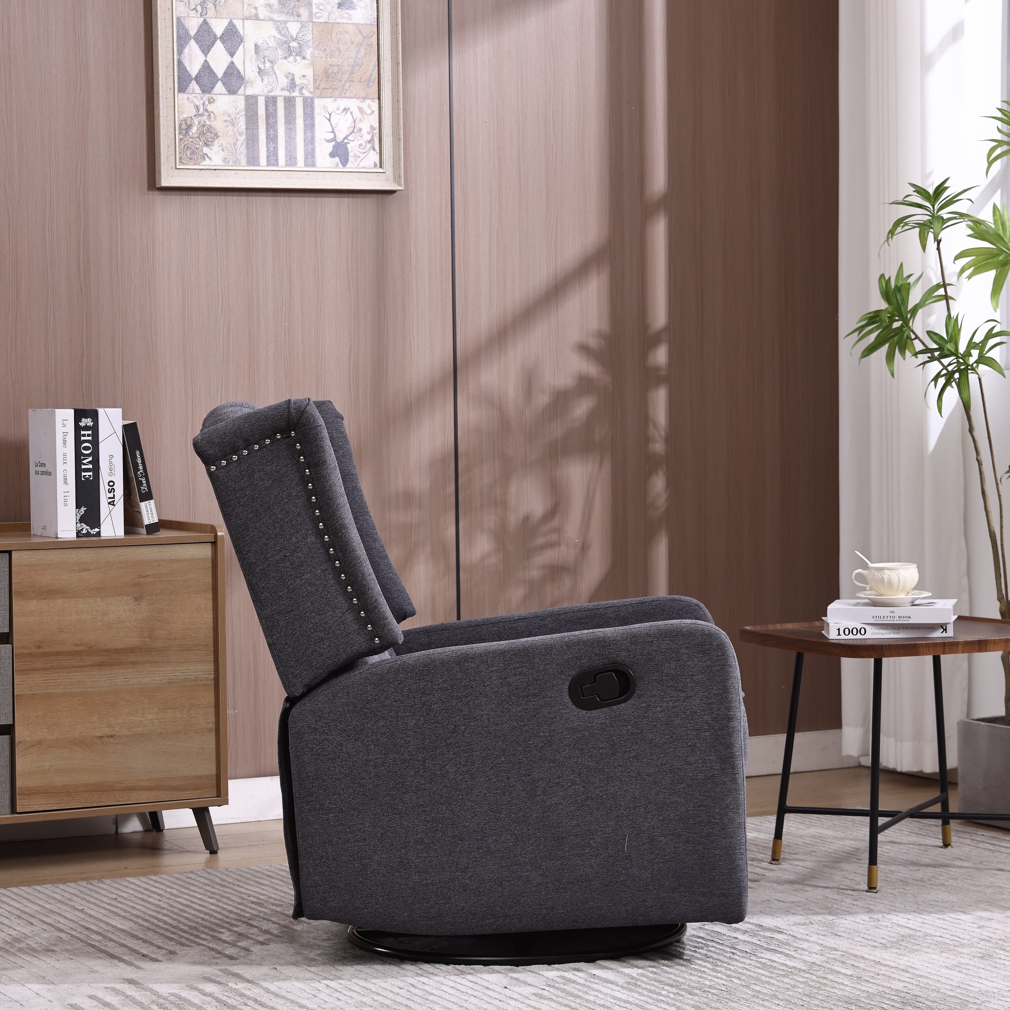 Fauteuil inclinable manuel pivotant à 360° en lin gris foncé avec dossier capitonné et repose-pieds pour salon et chambre