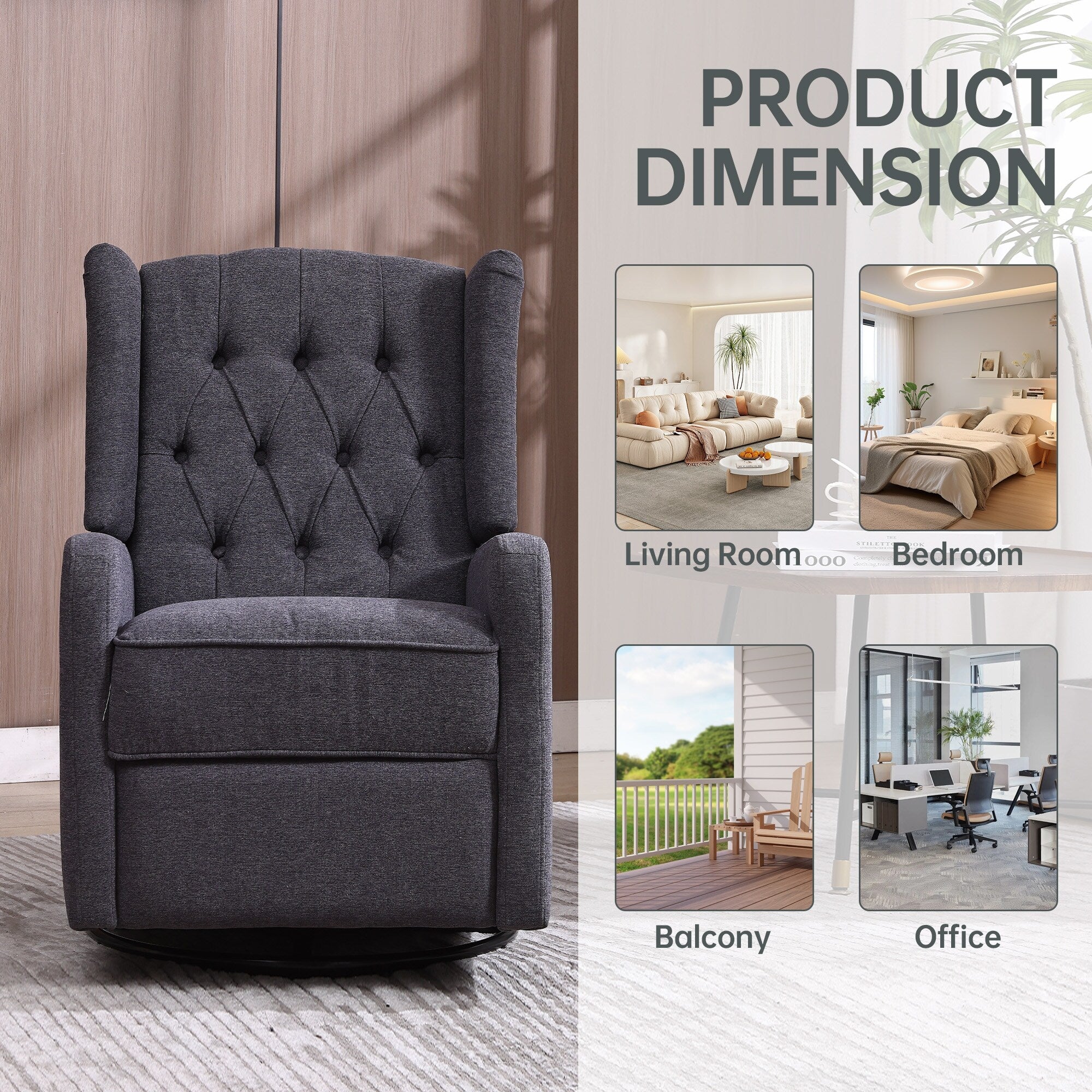 Fauteuil inclinable manuel pivotant à 360° en lin gris foncé avec dossier capitonné et repose-pieds pour salon et chambre
