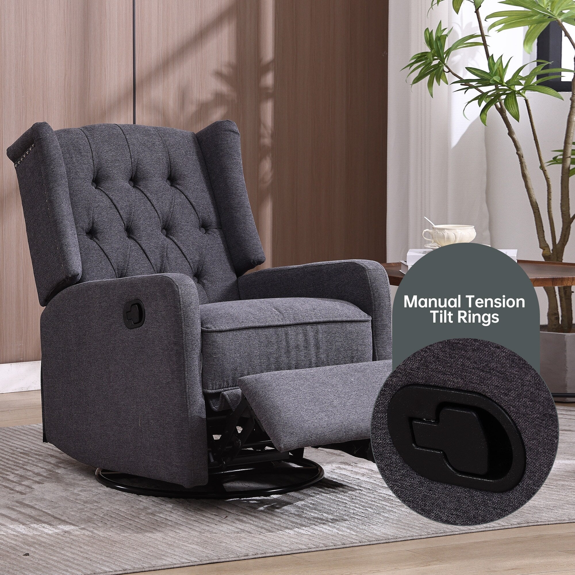 Fauteuil inclinable manuel pivotant à 360° en lin gris foncé avec dossier capitonné et repose-pieds pour salon et chambre