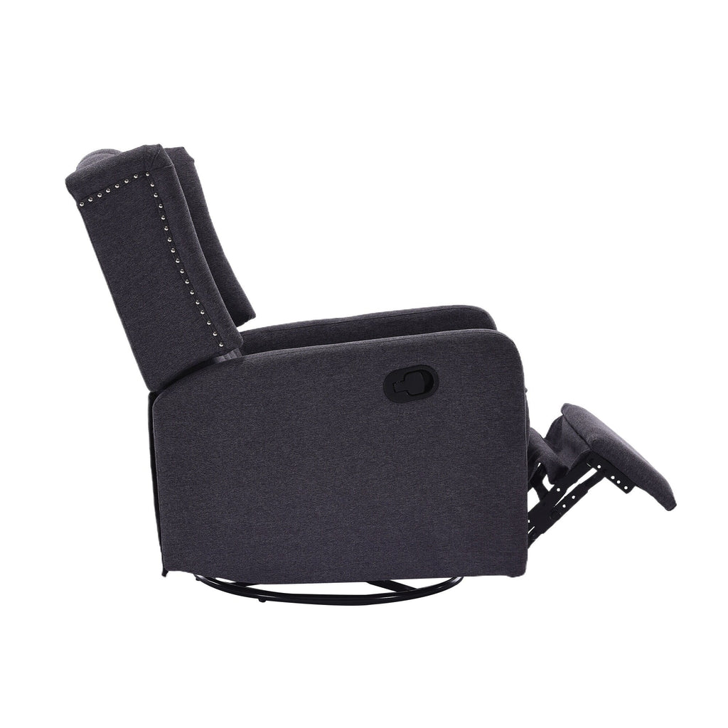 Fauteuil inclinable manuel pivotant à 360° en lin gris foncé avec dossier capitonné et repose-pieds pour salon et chambre