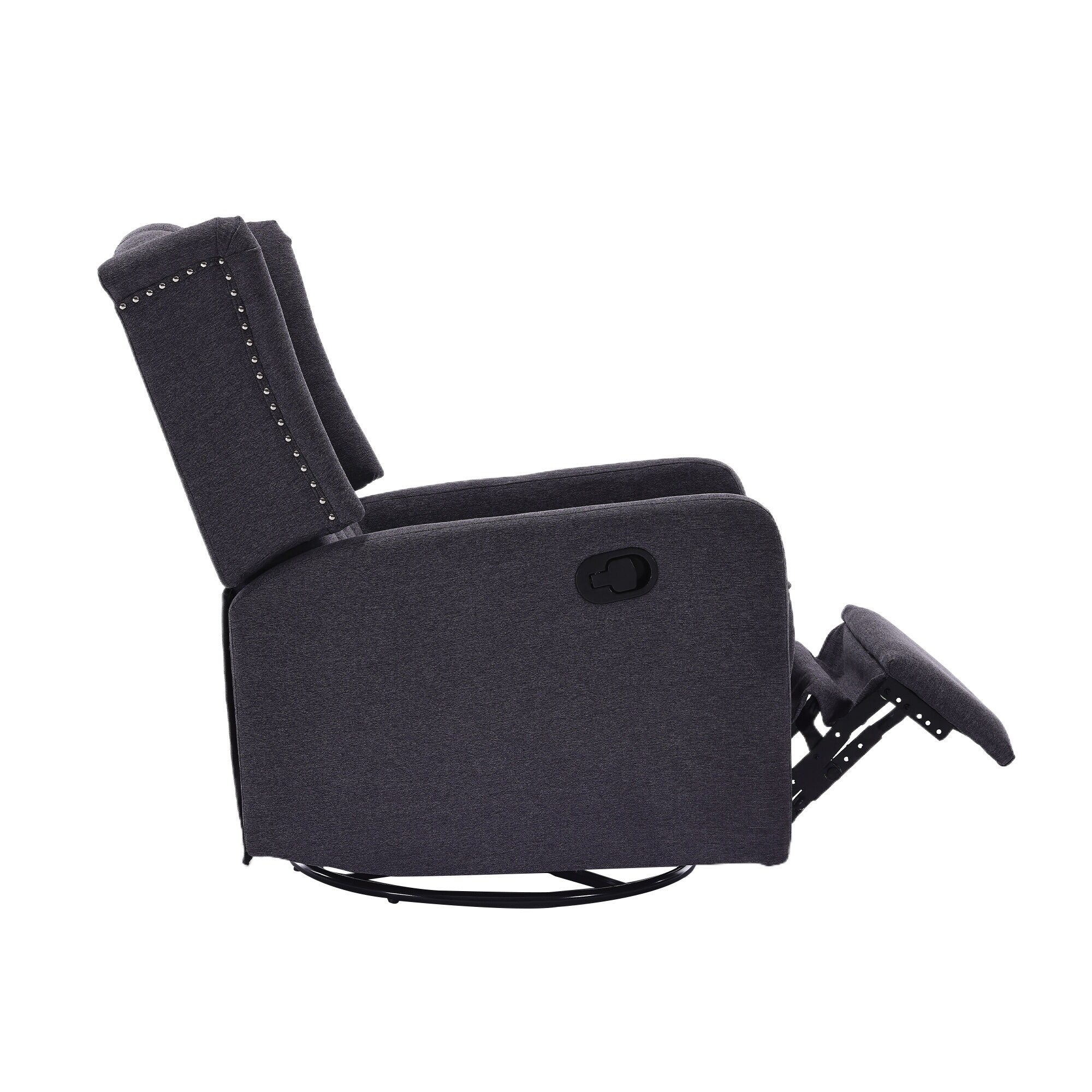 Fauteuil inclinable manuel pivotant à 360° en lin gris foncé avec dossier capitonné et repose-pieds pour salon et chambre