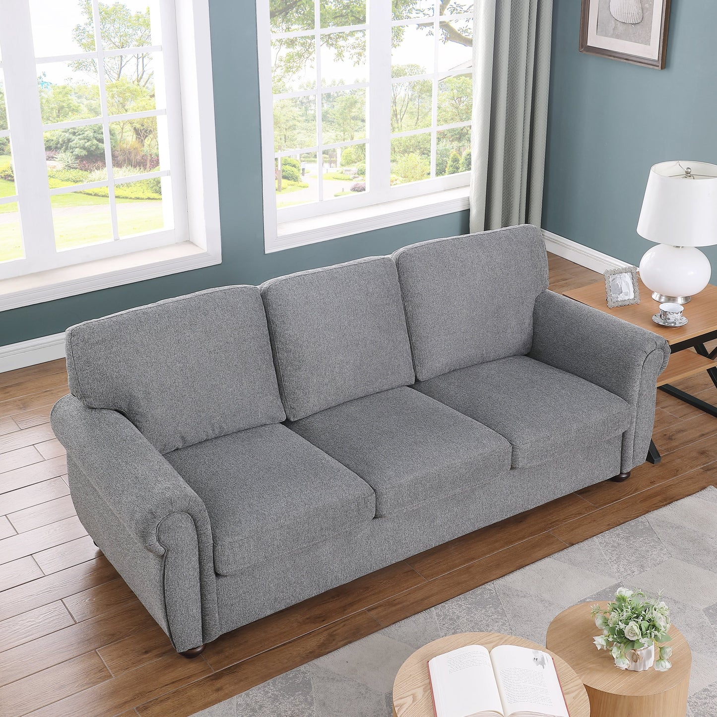 Canapé 3 places en chenille douce gris foncé avec structure en bois massif - 34,40 x 84,60 x 33,85