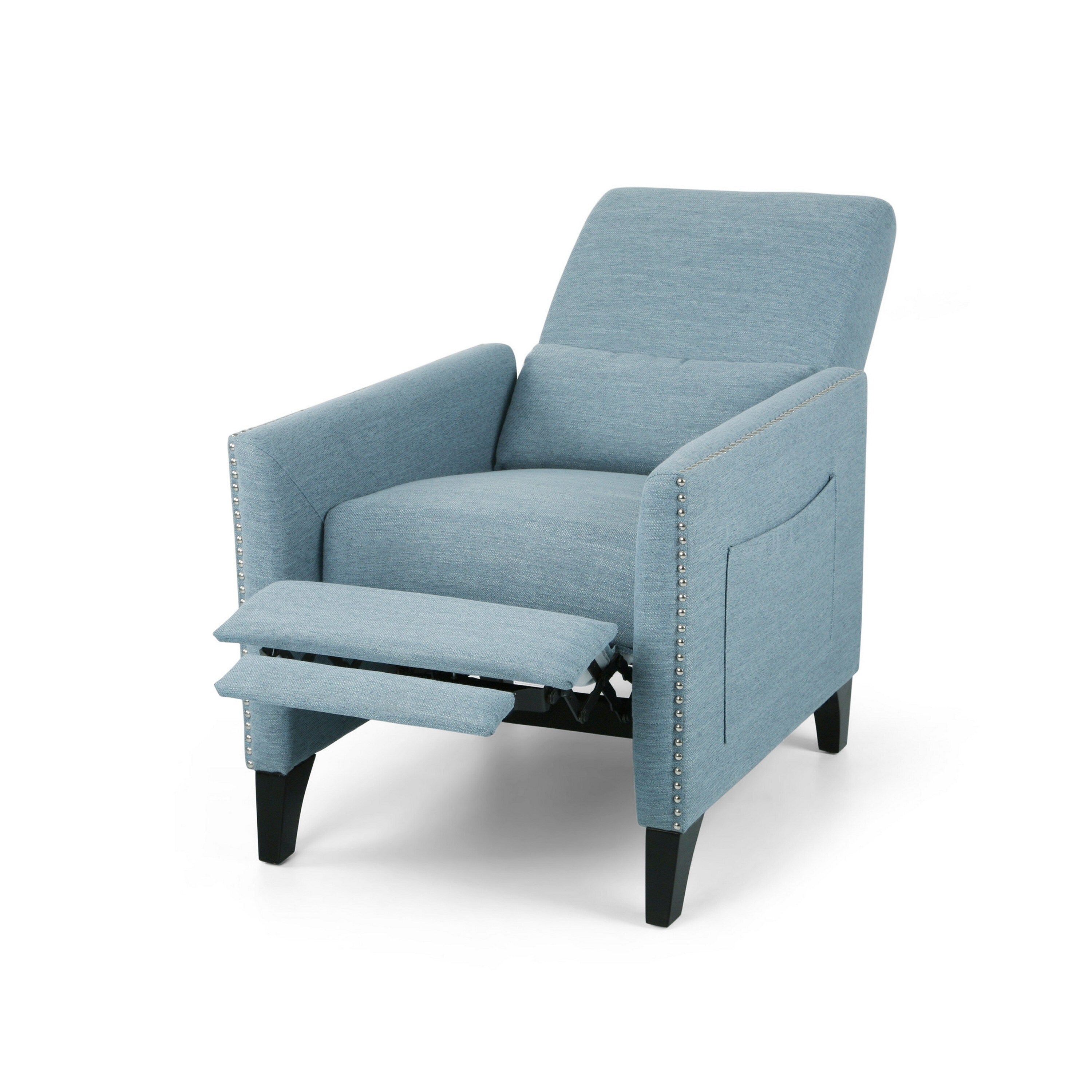 Fauteuil inclinable Davy Pushback, garniture cloutée, bois de bouleau, tissu bleu