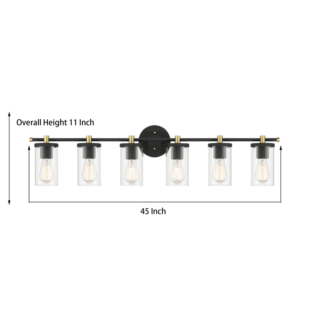 Applique murale de salle de bain Decatur à 6 lumières, style ferme moderne, noir/doré, certifiée UL