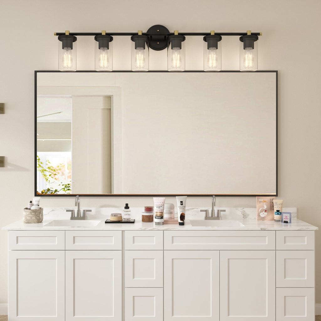 Applique murale de salle de bain Decatur à 6 lumières, style ferme moderne, noir/doré, certifiée UL