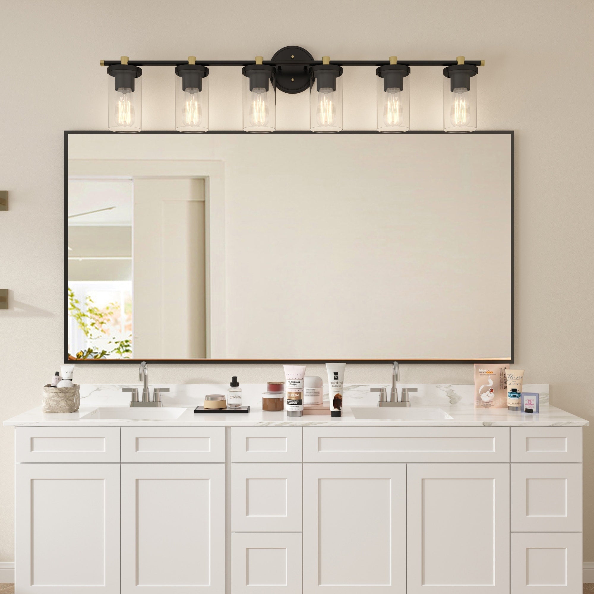 Applique murale de salle de bain Decatur à 6 lumières, style ferme moderne, noir/doré, certifiée UL