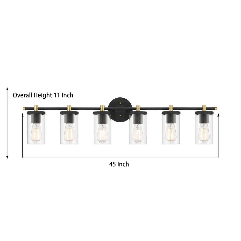 Applique murale de salle de bain Decatur à 6 lumières, style ferme moderne, noir/doré, certifiée UL