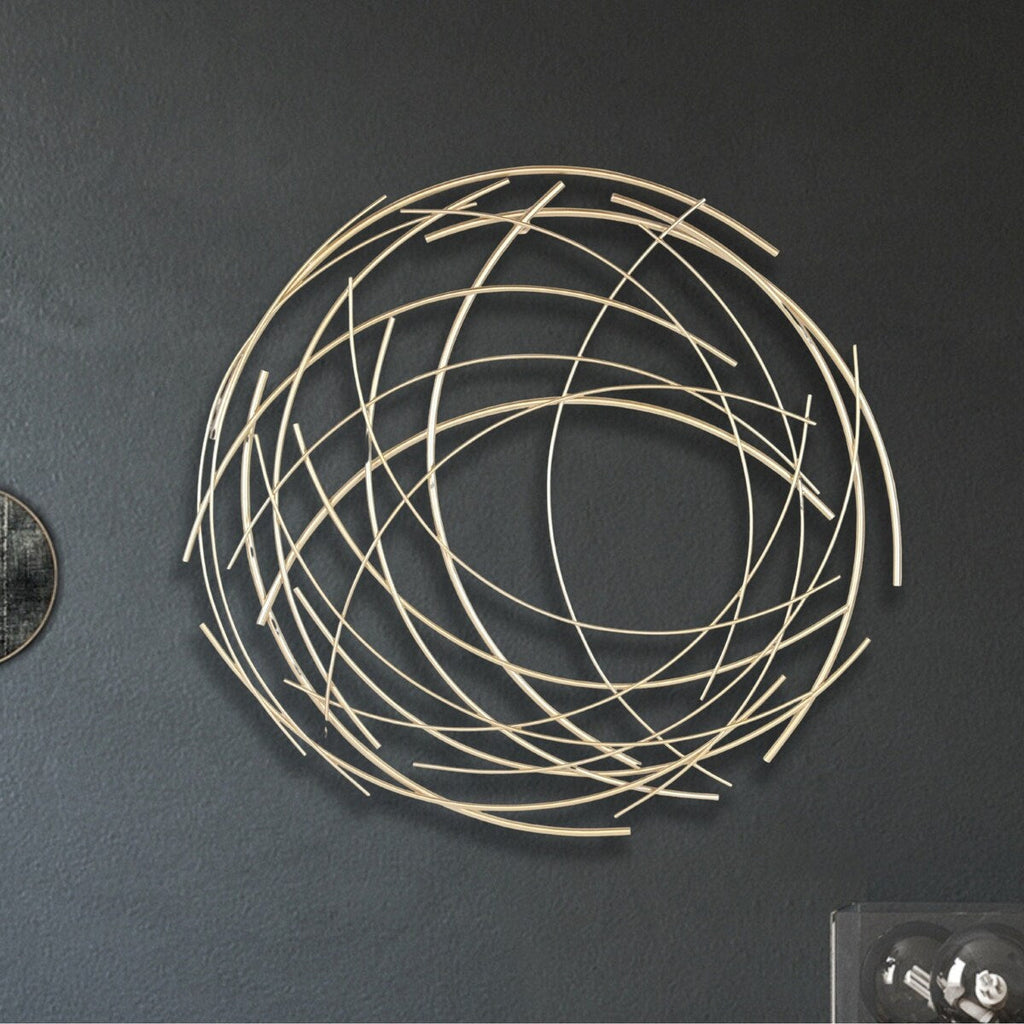 Grande œuvre d'art murale abstraite ronde en métal doré Denine
