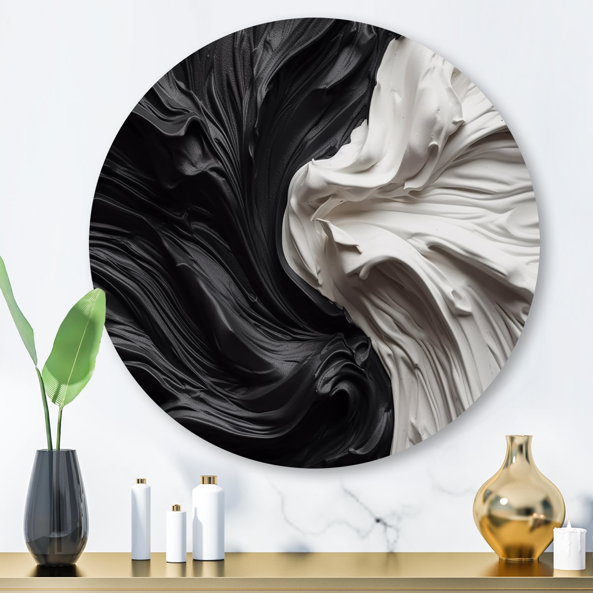 Décoration murale ronde en métal géométrique moderne Designart noir et blanc marbré Dreamscape V