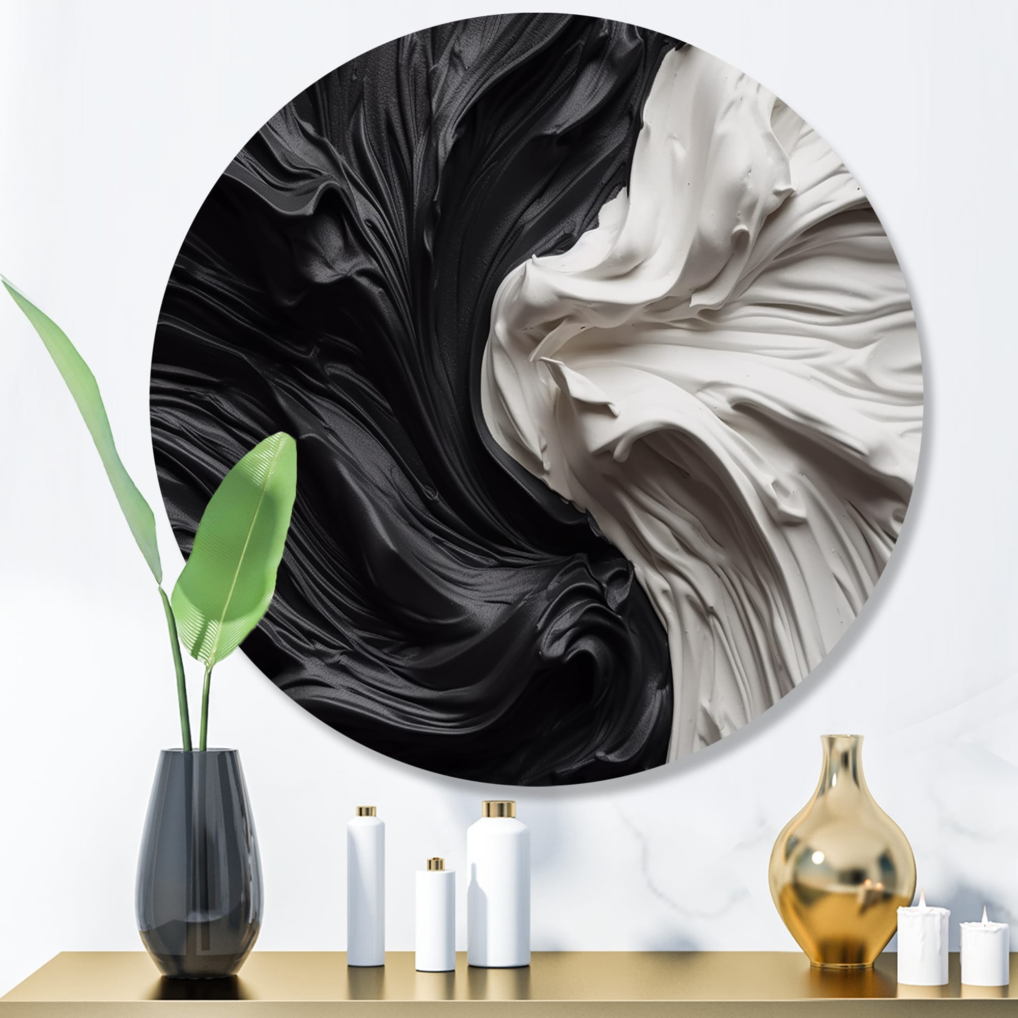 Décoration murale ronde en métal géométrique moderne Designart noir et blanc marbré Dreamscape V