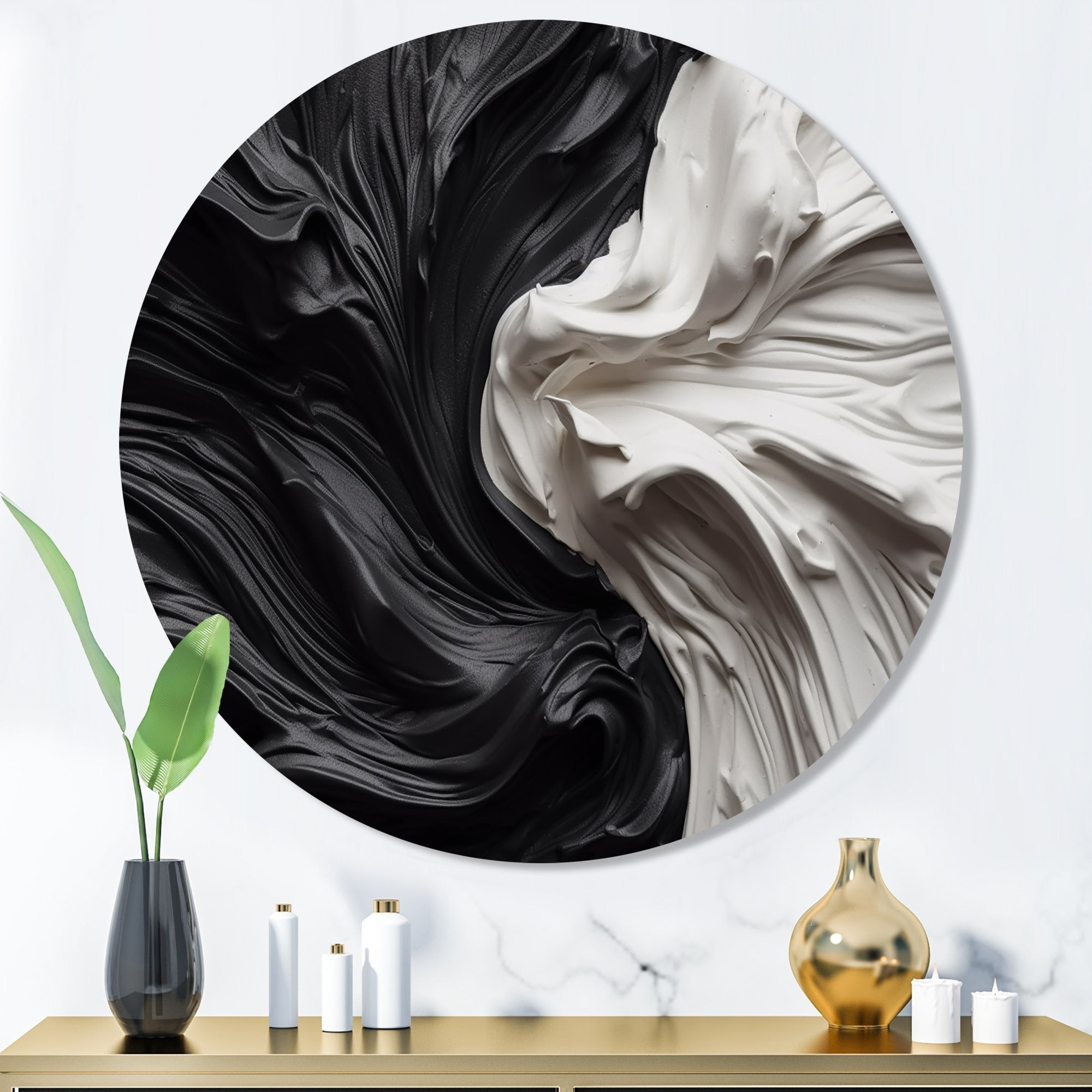 Décoration murale ronde en métal géométrique moderne Designart noir et blanc marbré Dreamscape V