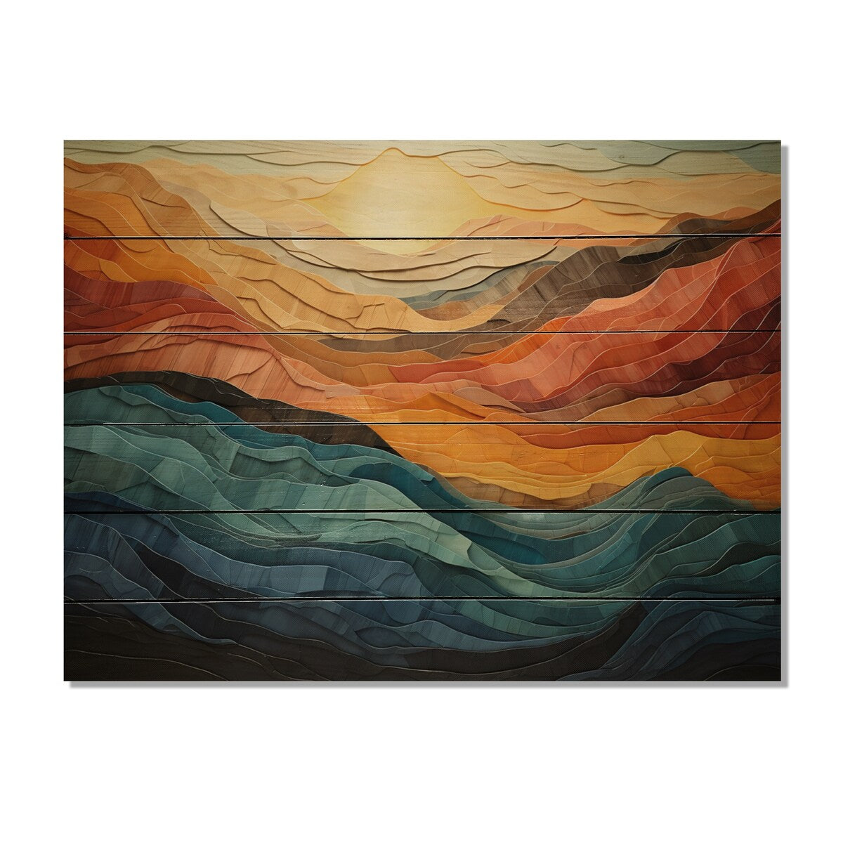 Impression moderne de paysage de montagnes audacieuses corail sarcelle Designart sur bois de pin naturel