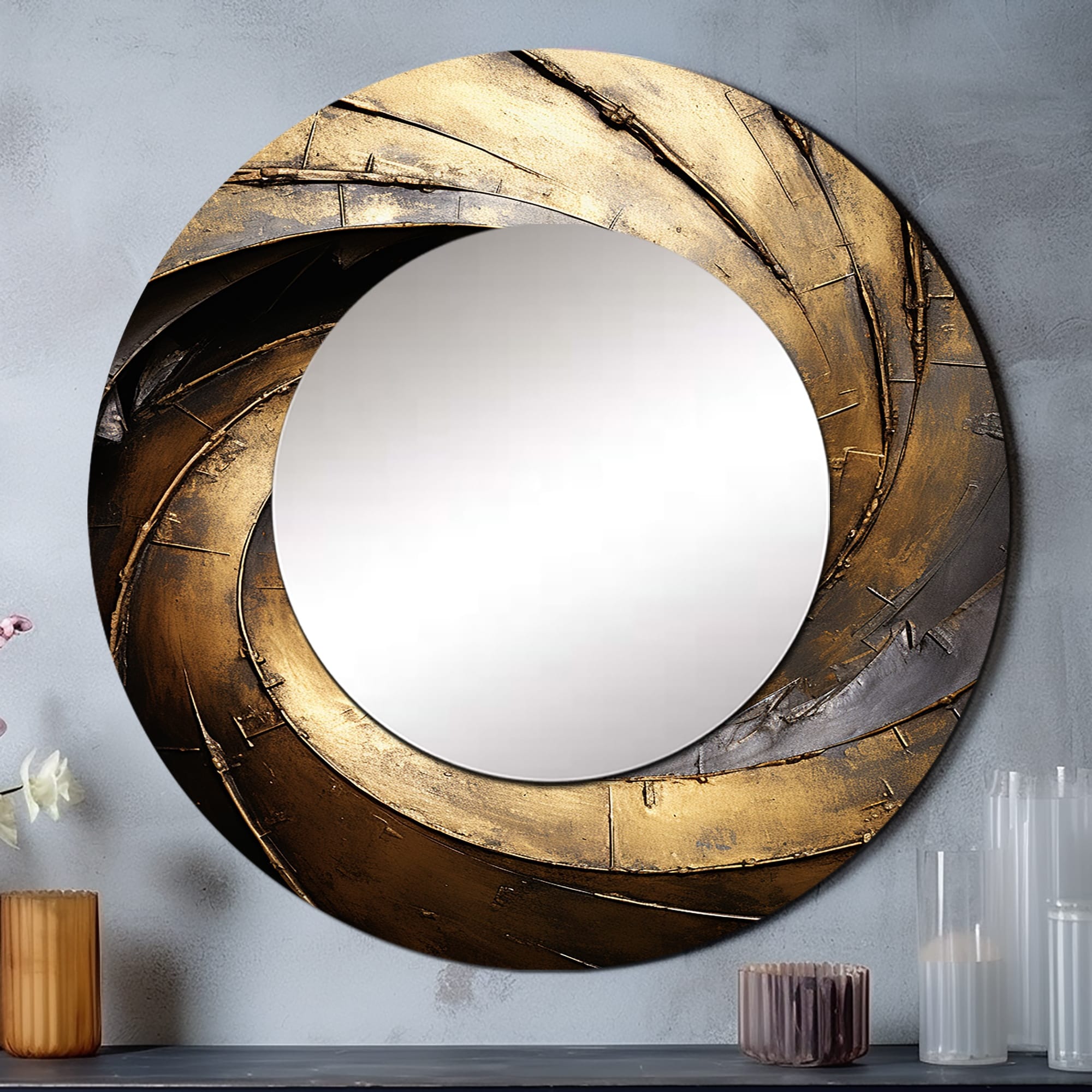 Miroir de salon Designart doré et noir, intemporel et abstrait, spirales - Grand miroir rond moderne doré